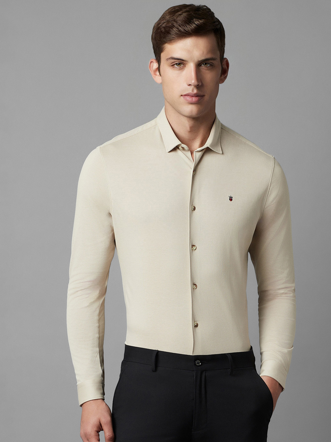 

Louis Philippe Sport Smart Slim Fit Spread Collar Long Sleeves Cotton Casual Shirt, Beige