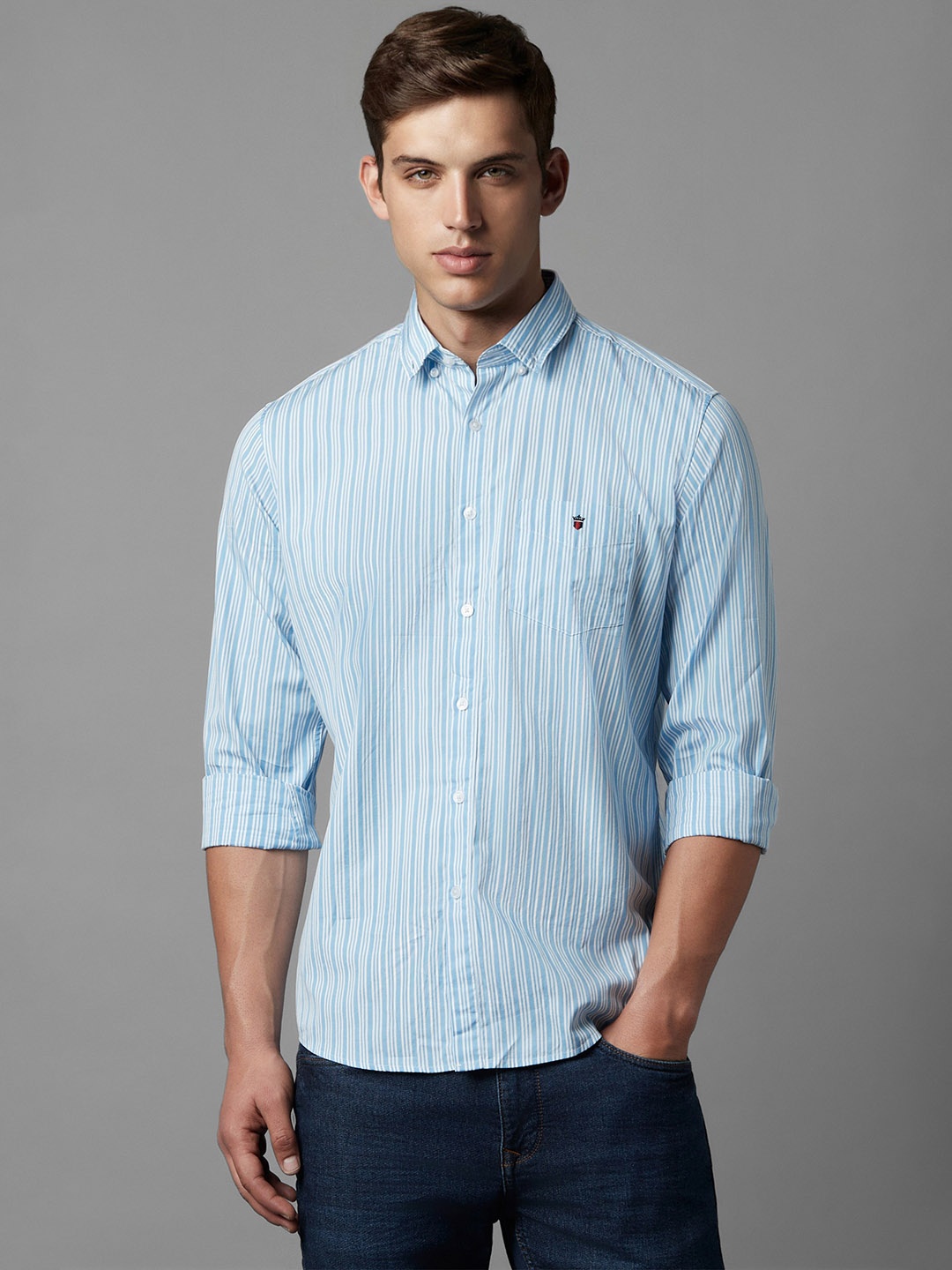 

Louis Philippe Sport Slim Fit Striped Pure Cotton Casual Shirt, Blue
