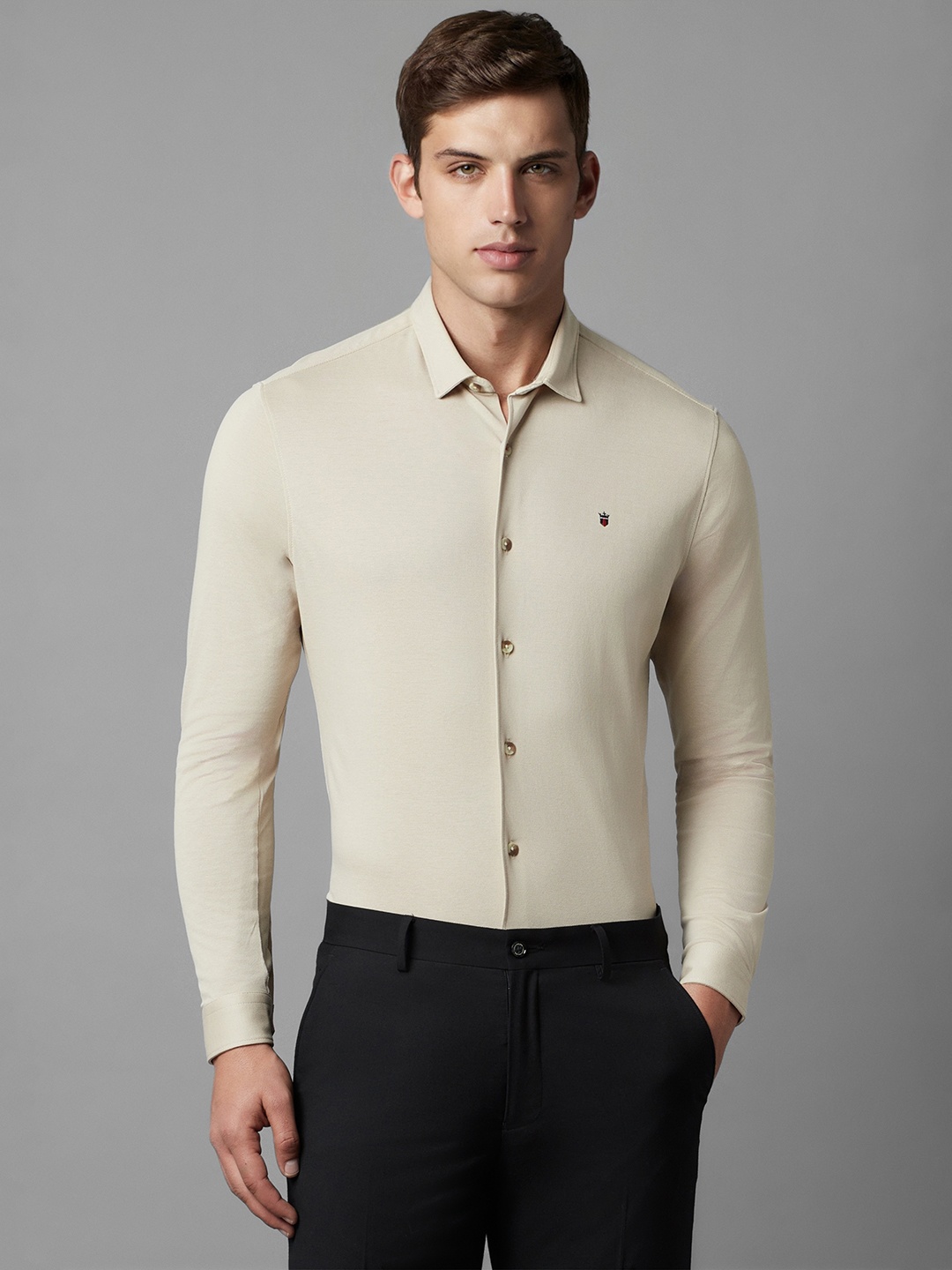 

Louis Philippe Sport Smart Slim Fit Spread Collar Long Sleeves Cotton Casual Shirt, Beige