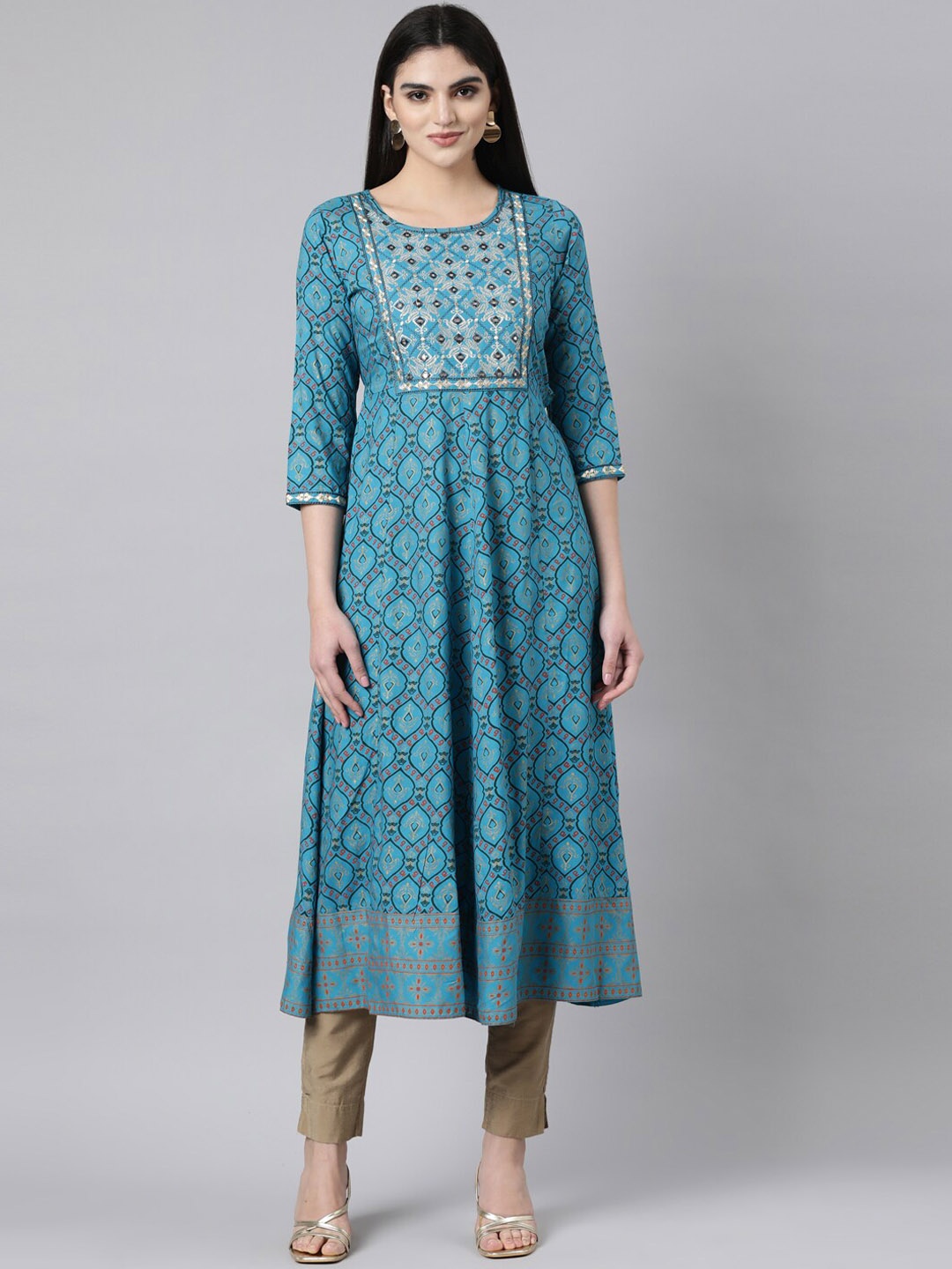 

Souchii Ethnic Motifs Printed Round Neck Anarkali Kurta, Turquoise blue