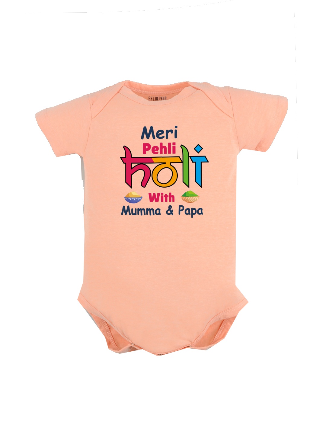 

FFLIRTYGO Kids Pure Cotton Typography Print Holi Special Bodysuit, Peach