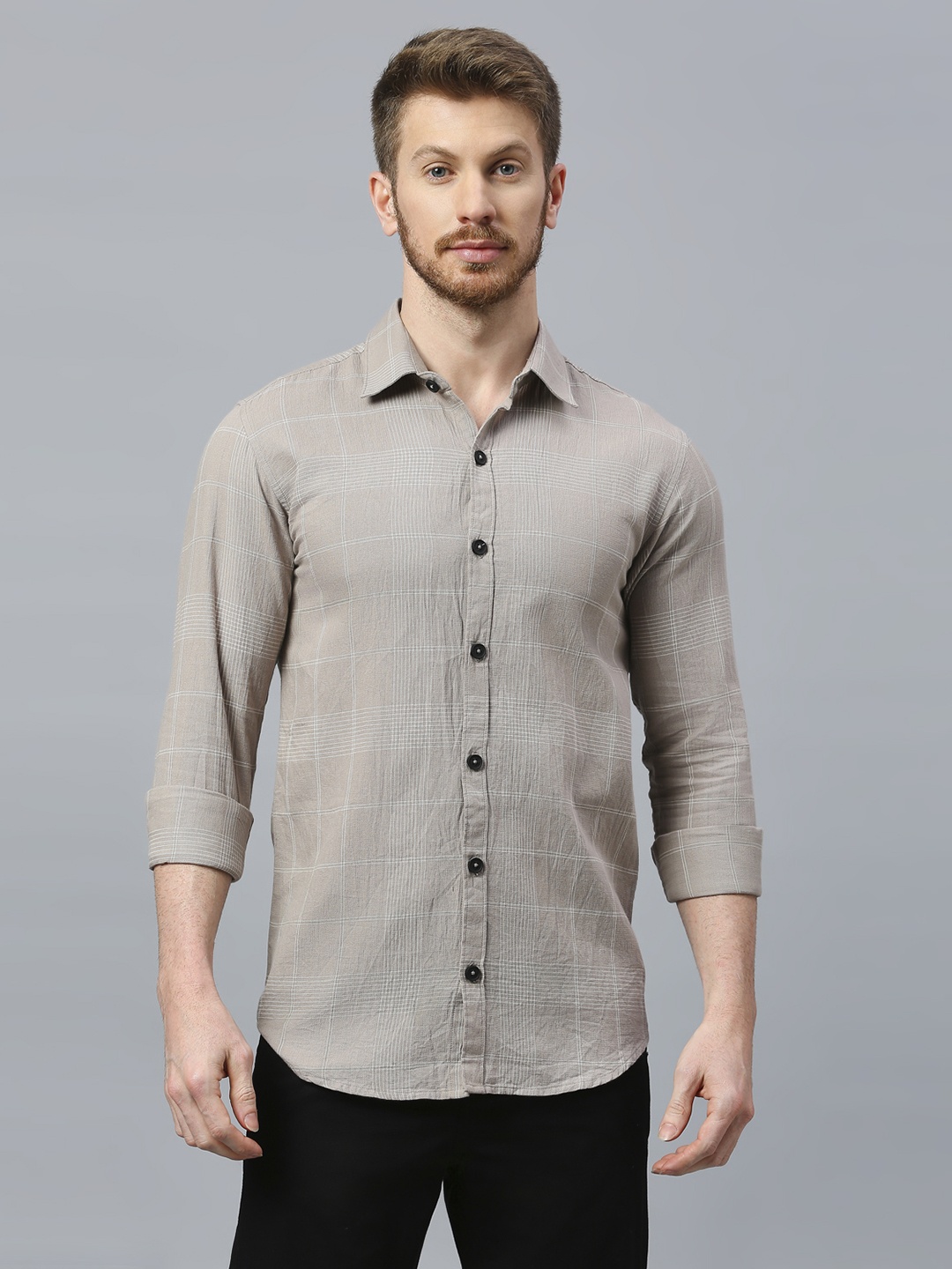 

DEZANO Classic Checked Spread Collar Long Sleeves Cotton Casual Shirt, Grey