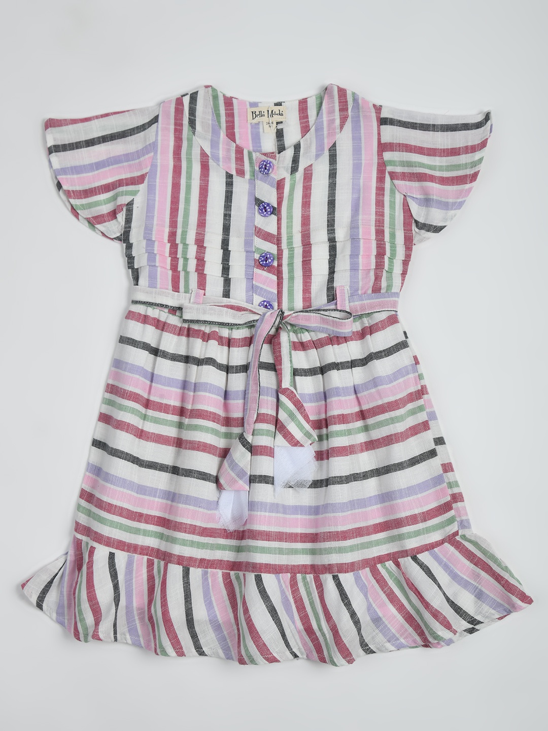

Bella Moda Girls Striped Cap Sleeves Belted Cotton A-Line Dress, White