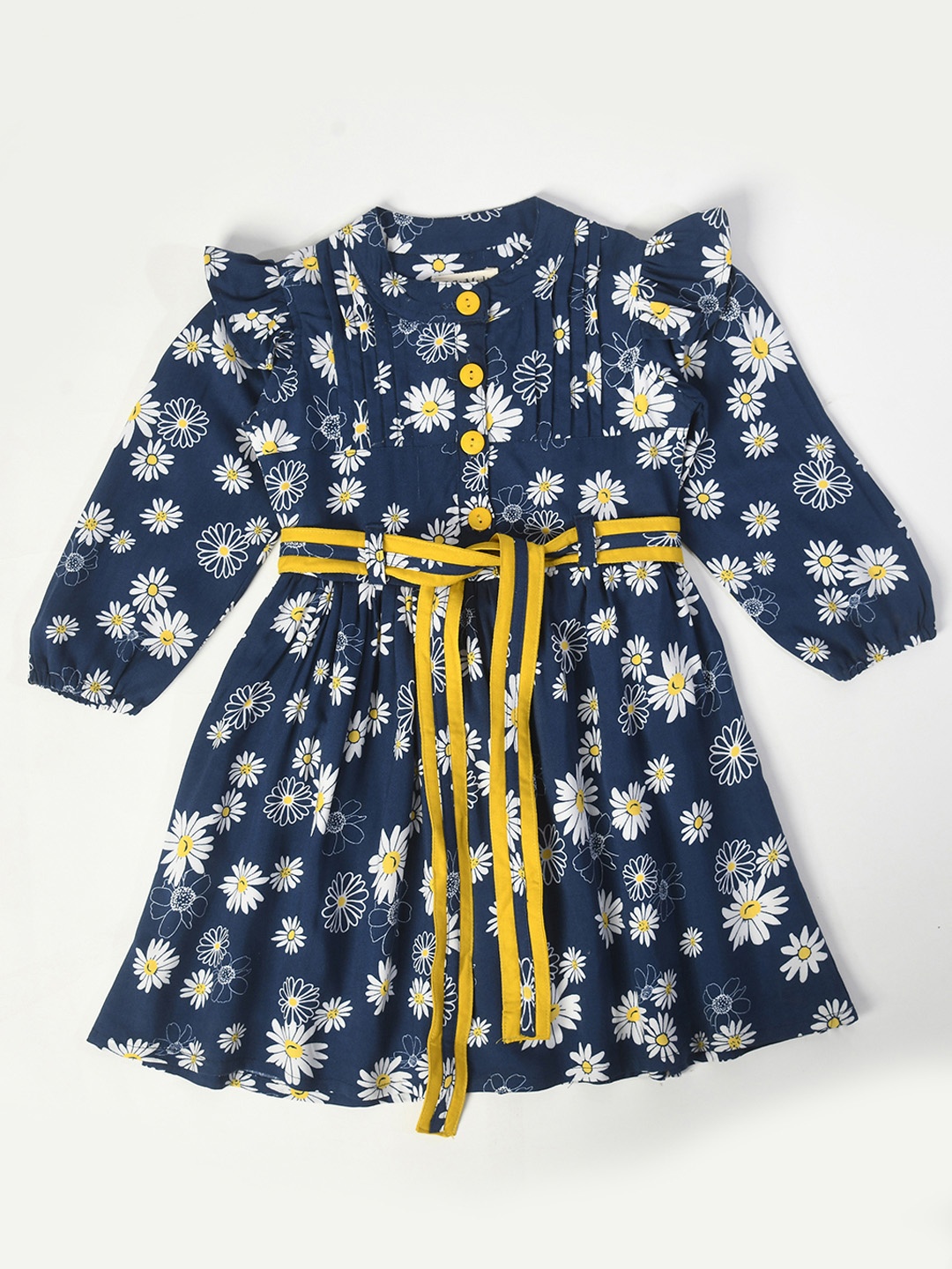 

Bella Moda Girls Floral Printed Pleated Ruffles Cotton Fit & Flare Dress, Navy blue
