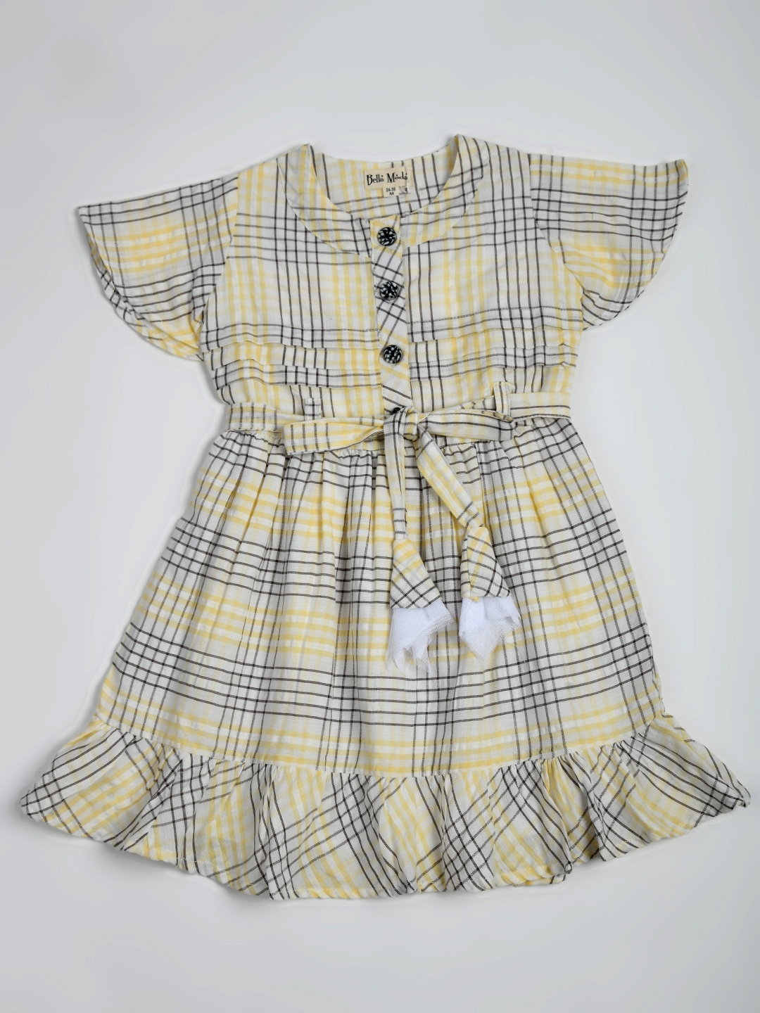 

Bella Moda Girls Checked Pure Cotton Flutter Sleeve A-Line Dress, Off white