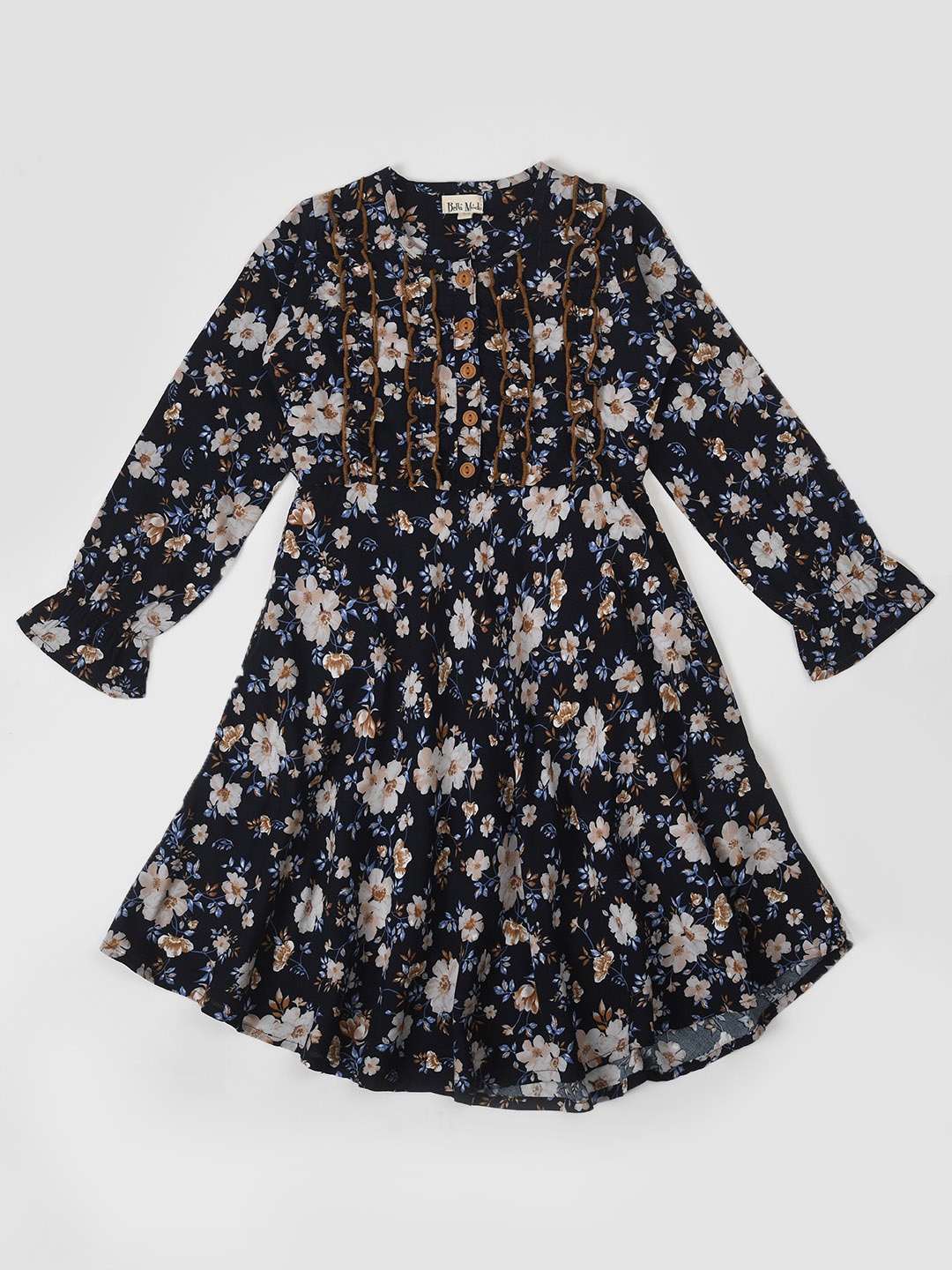 

Bella Moda Girls Floral Printed Bell Sleeves Pure Cotton Fit and Flare Dress, Black