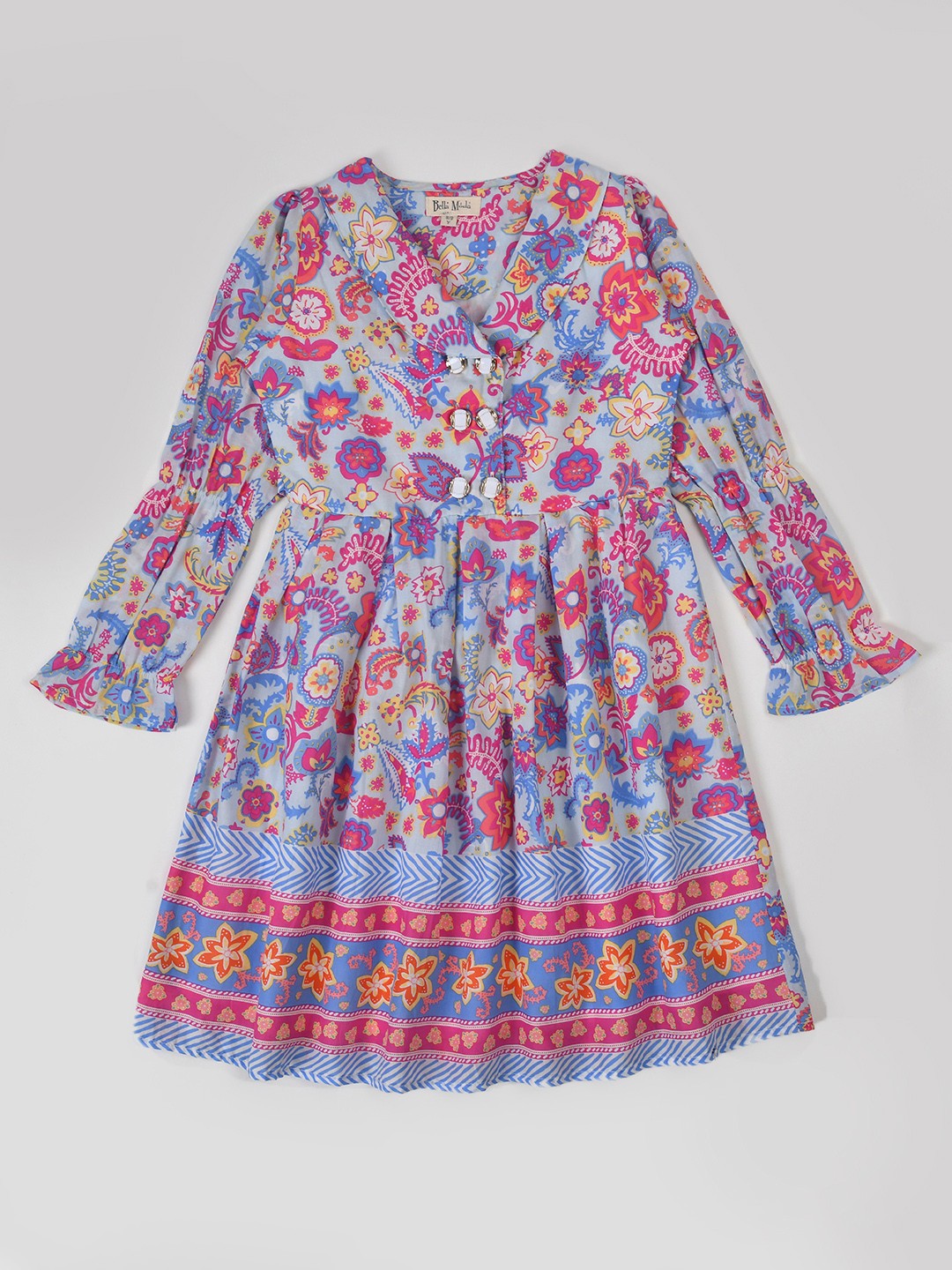 

Bella Moda Girls Floral Printed V-Neck Puff Sleeve Pure Cotton Fit & Flare Dress, Blue