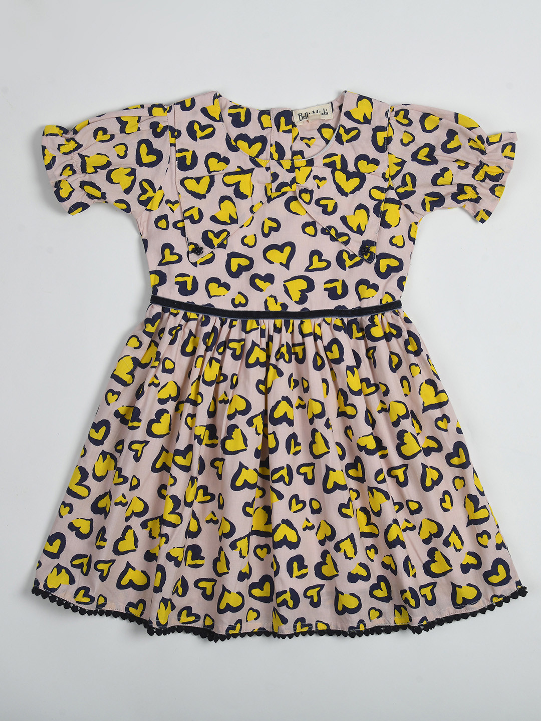 

Bella Moda Girls Conversational Printed Puffed Sleeves Bow Pure Cotton Fit & Flare Dress, Peach