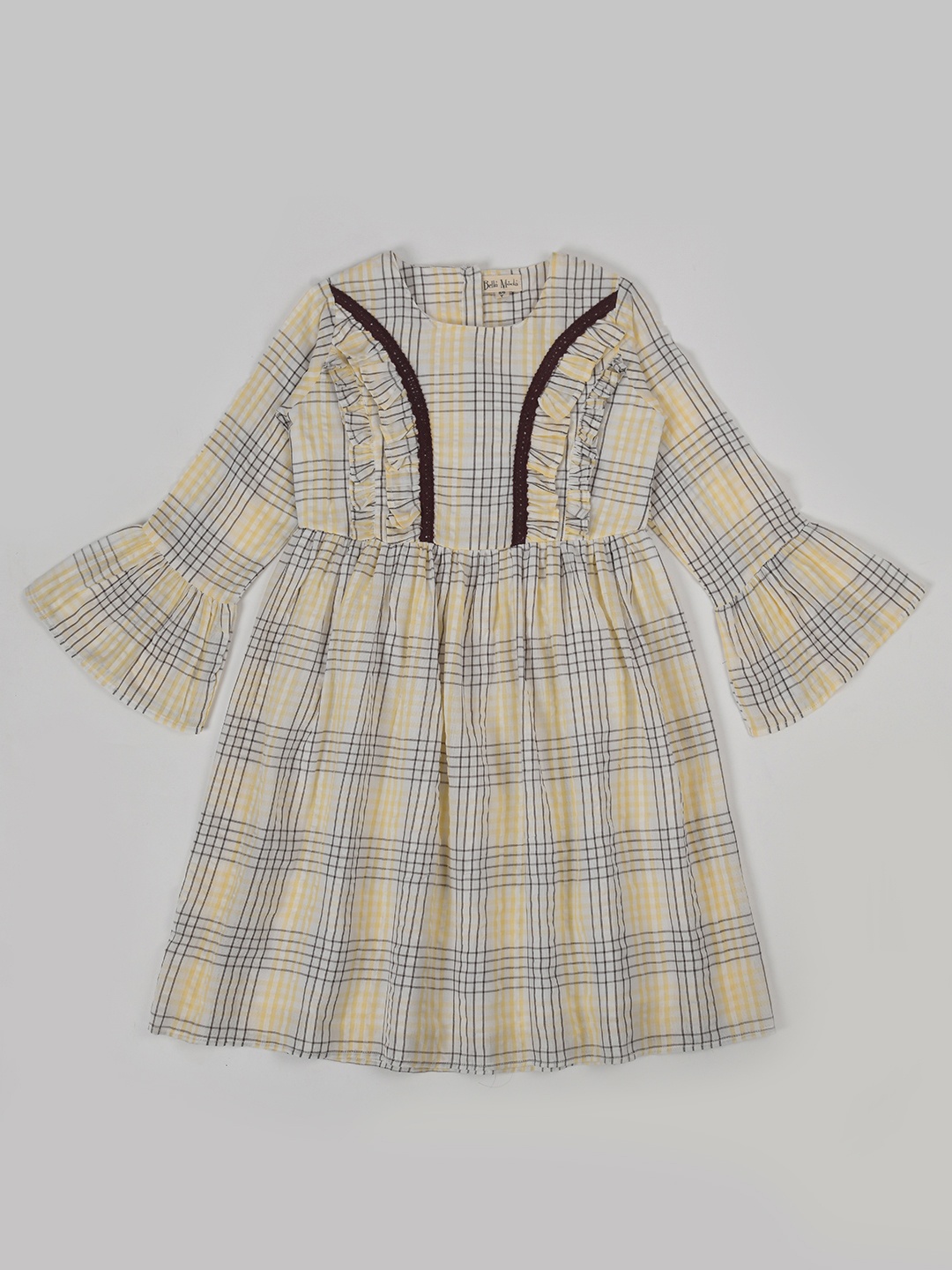 

Bella Moda Girls Checked Pure Cotton Bell Sleeve Ruffled Fit & Flare Dress, White