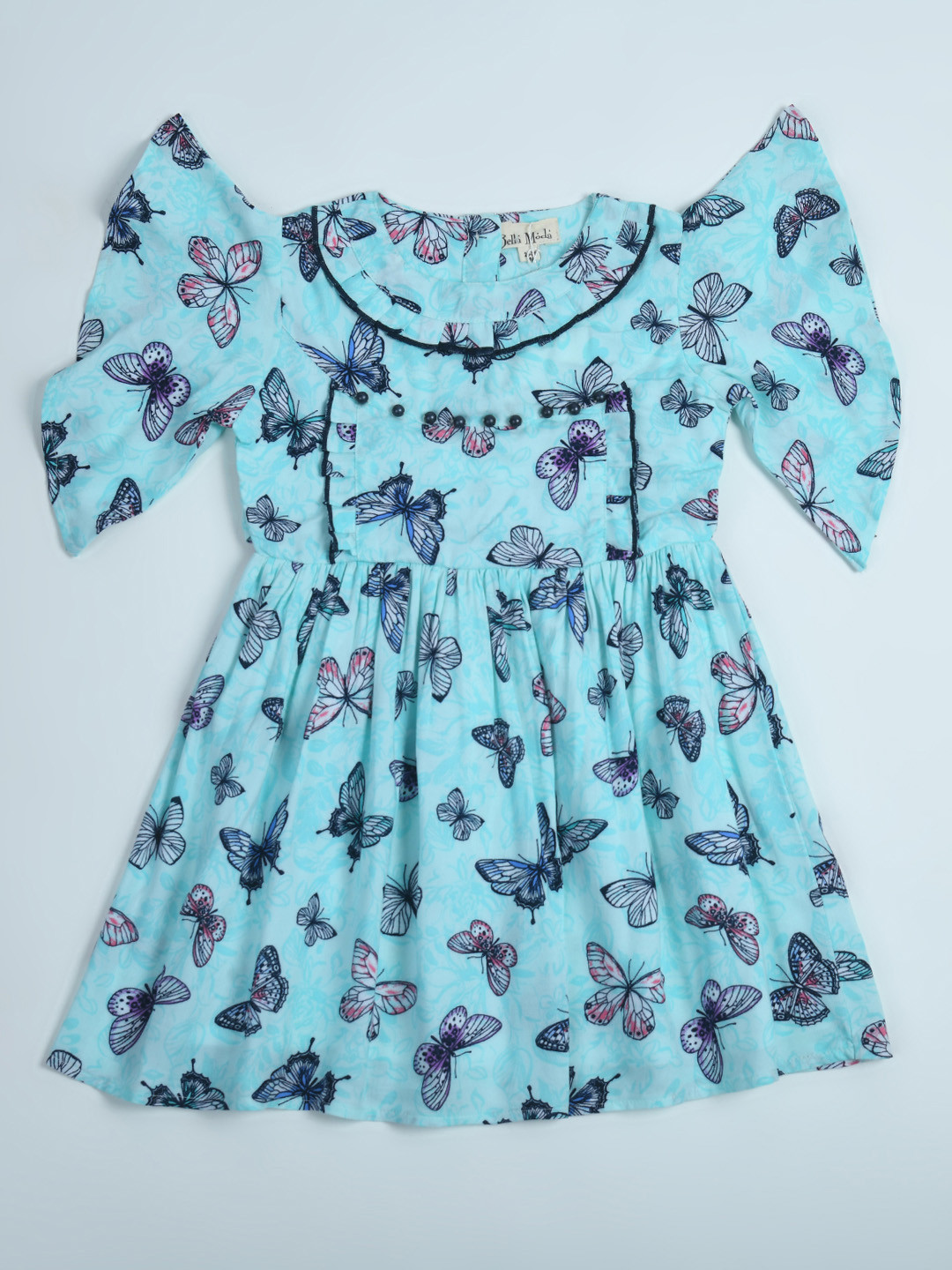 

Bella Moda Girls Conversational Printed Flutter Sleeves Gathered Cotton Fit & Flare Dress, Blue