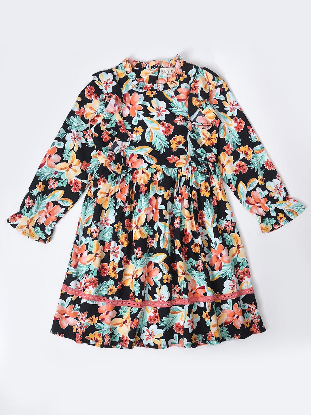 

Bella Moda Girls Floral Print Pure Cotton Puff Sleeve Ruffled Fit & Flare Dress, Black