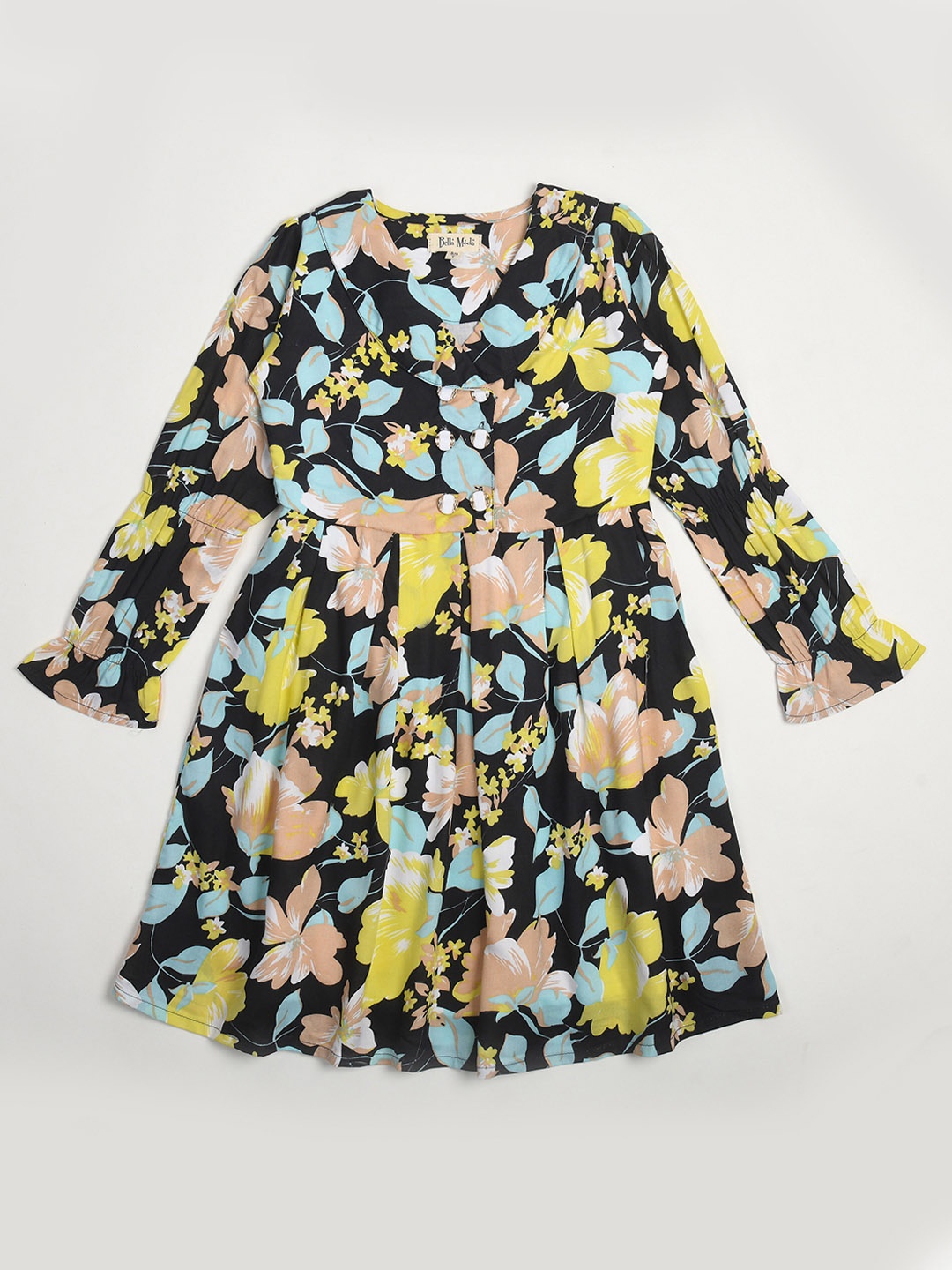 

Bella Moda Girls Floral Printed V-Neck Pure Cotton Fit & Flare Dress, Black