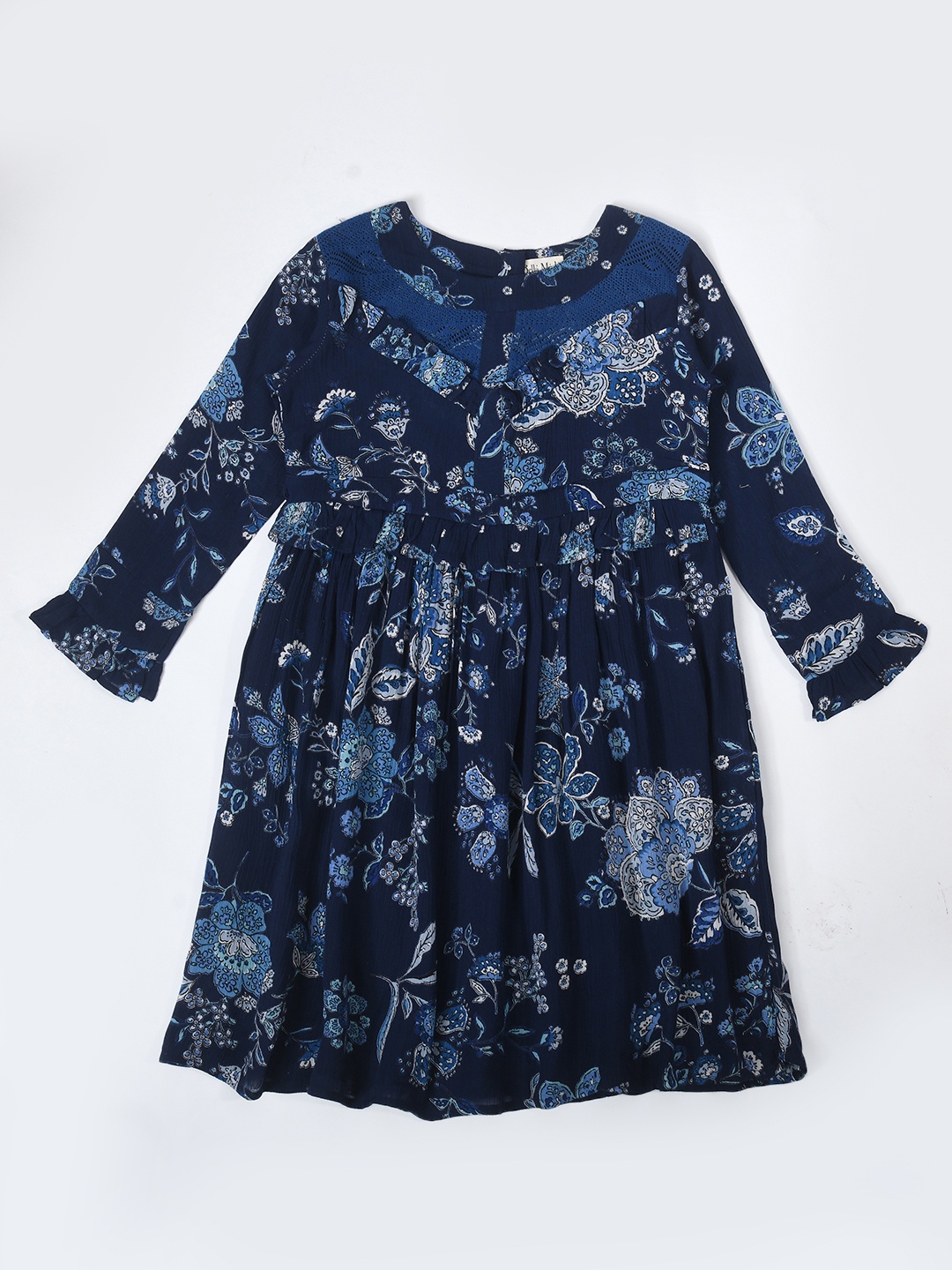 

Bella Moda Girls Floral Printed Round Neck Gathered Cotton Fit & Flare Dress, Navy blue