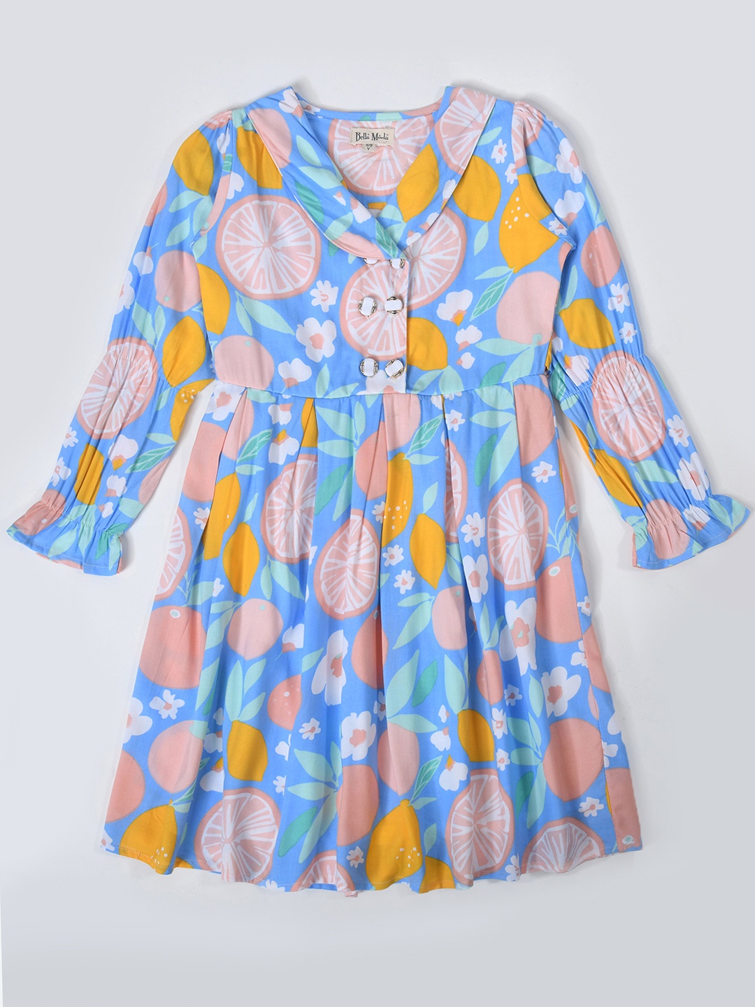 

Bella Moda Girls Print Pure Cotton Puff Sleeve Fit & Flare Dress, Blue