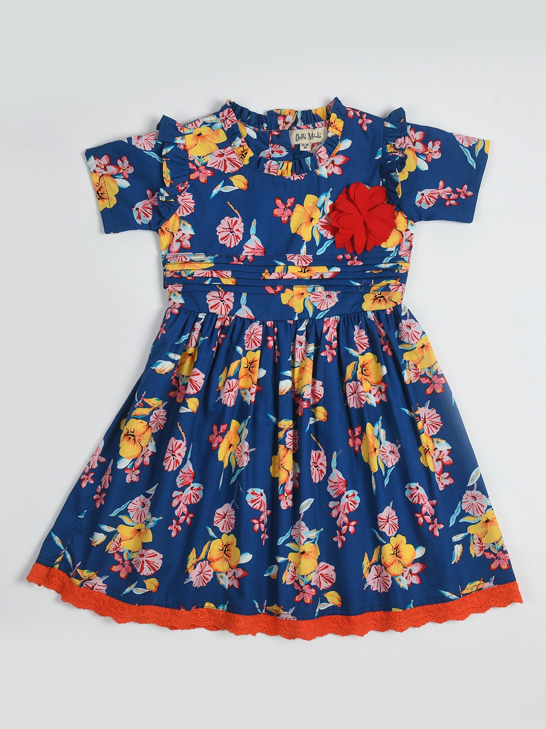 

Bella Moda Girls Floral Printed Pleated Applique Cotton Fit & Flare Dress, Blue