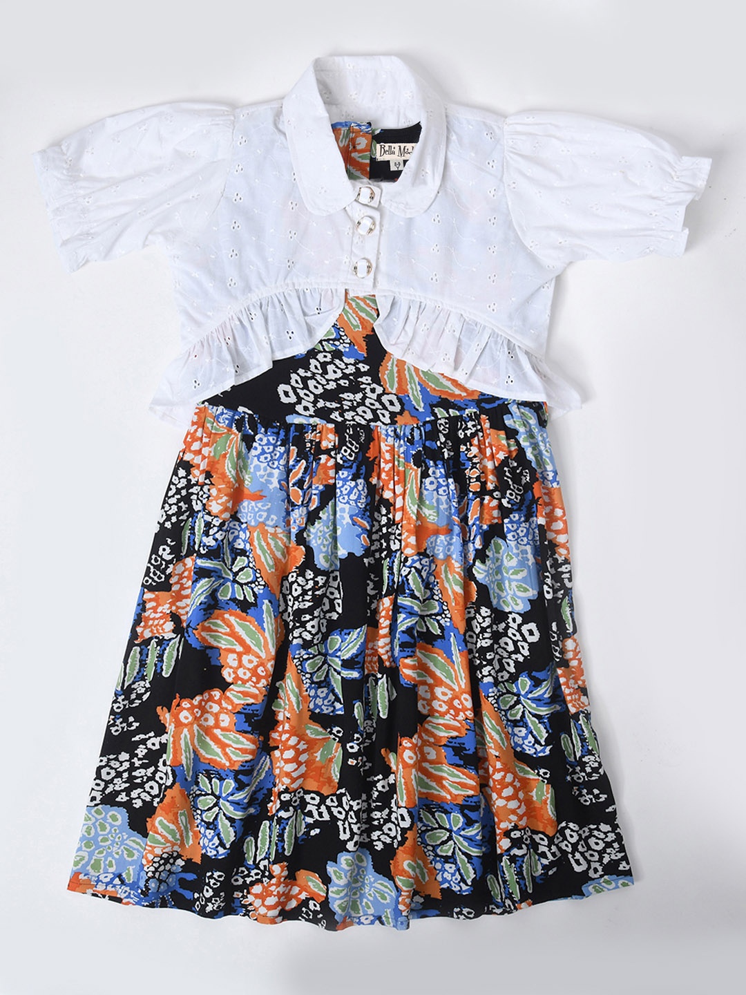 

Bella Moda Girls Print Pure Cotton Puff Sleeve Layered Fit & Flare Dress, White