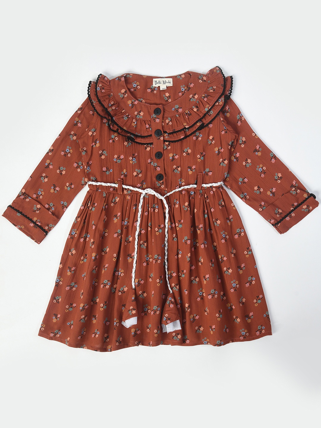 

Bella Moda Girls Floral Print Peter Pan Collar Cotton A-Line Dress, Brown