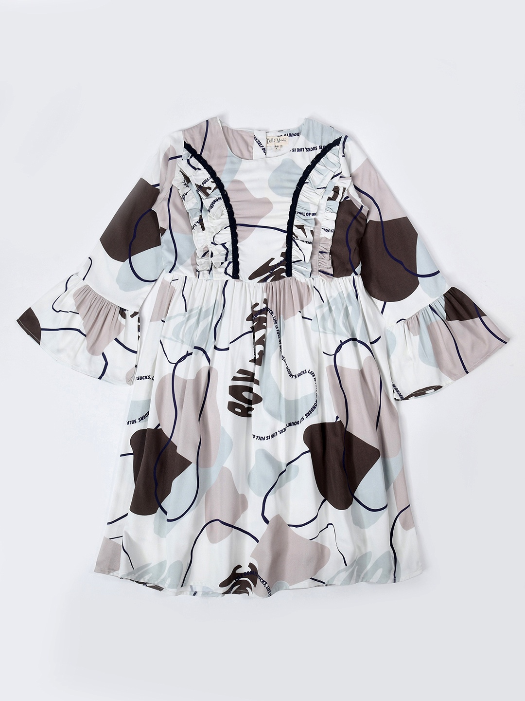 Bella Moda Girls Abstract Printed Bell Sleeve Ruffled Cotton Fit & Flare Dress, White
