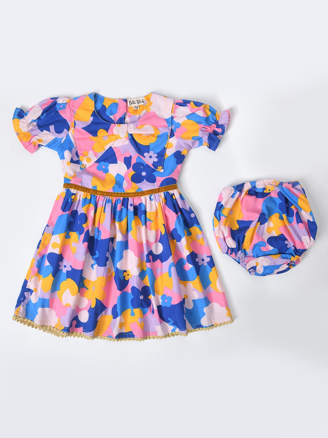 

Bella Moda Girls Floral Printed Puff Sleeve Pure Cotton Fit & Flare Dress, Pink