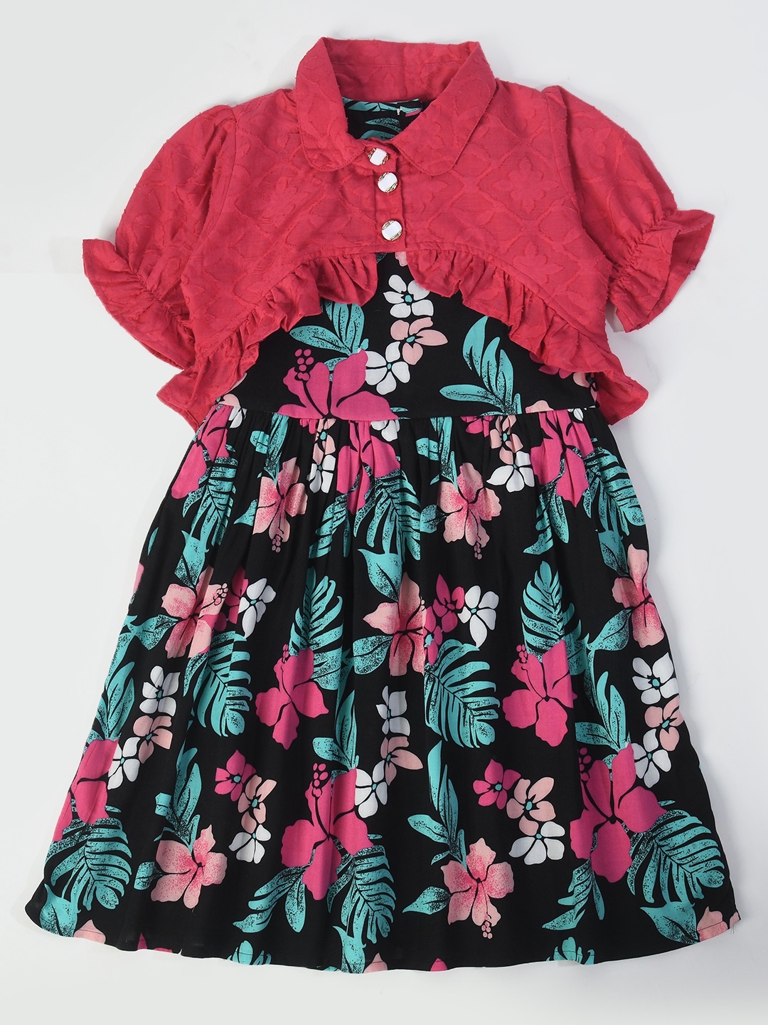 

Bella Moda Girls Floral Printed Puff Sleeves Pure Cotton Fit & Flare Dress, Black