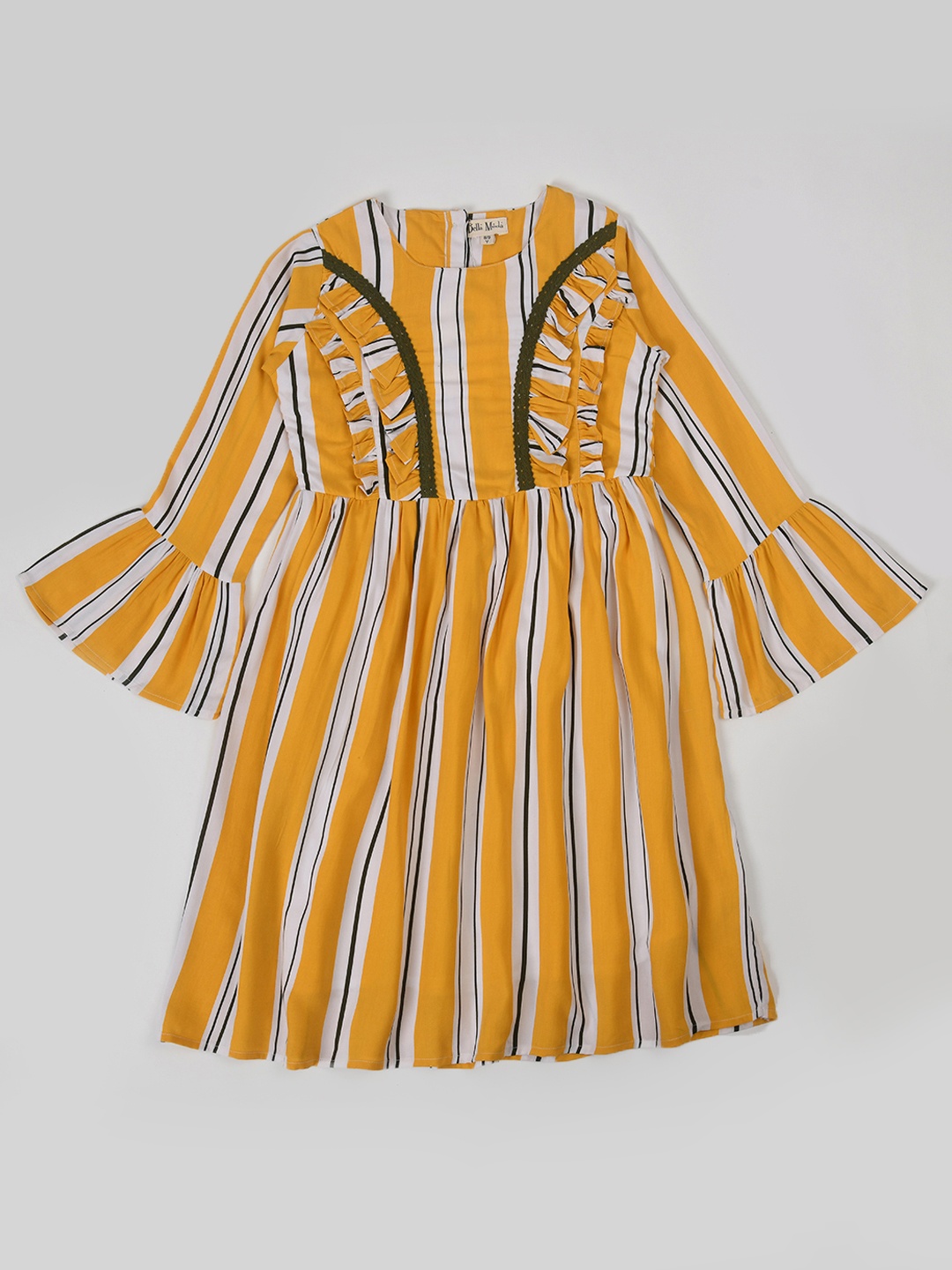 

Bella Moda Girls Striped Bell Sleeve Pure Cotton Fit & Flare Dress, Mustard