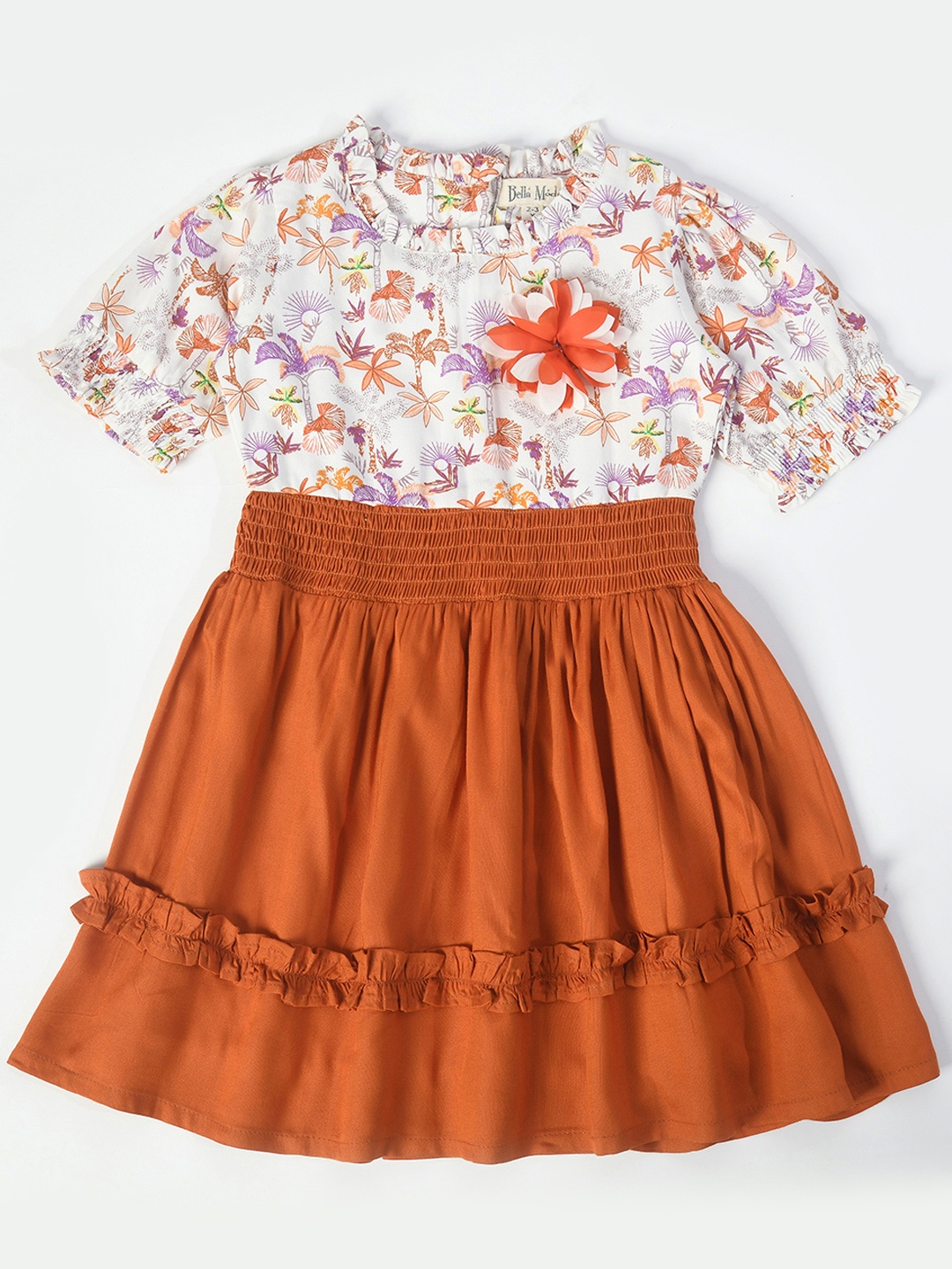 Bella Moda Girls Floral Printed Smocked Pure Cotton Fit & Flare Dress, Rust
