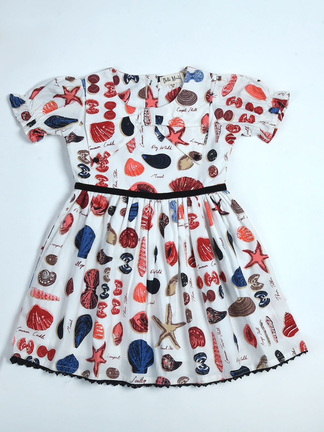 

Bella Moda Girls Print Pure Cotton Peter Pan Collar Puff Sleeve Fit & Flare Dress, White