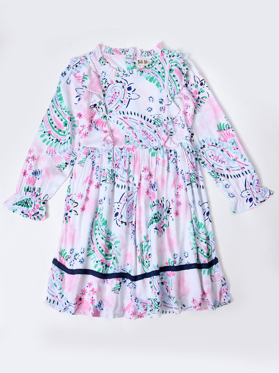 Bella Moda Girls Floral Printed Puff Sleeves Pure Cotton Fit & Flare Dress, White