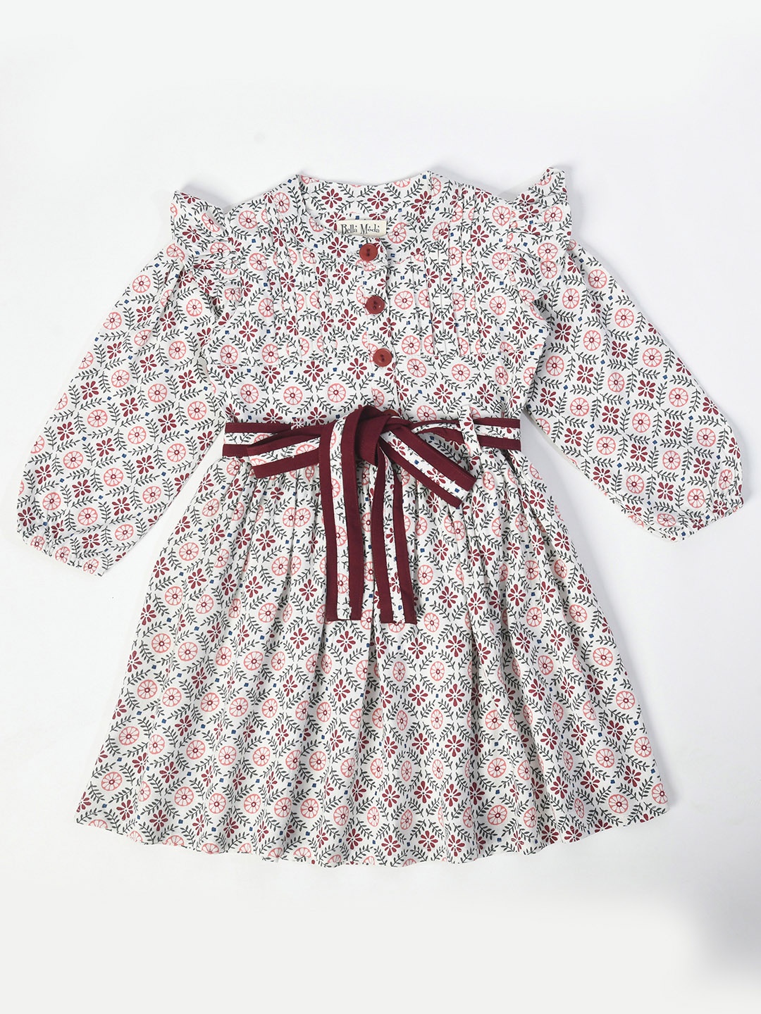 

Bella Moda Girls Floral Printed Mandarin Collar Puff Sleeve Pure Cotton Fit & Flare Dress, White