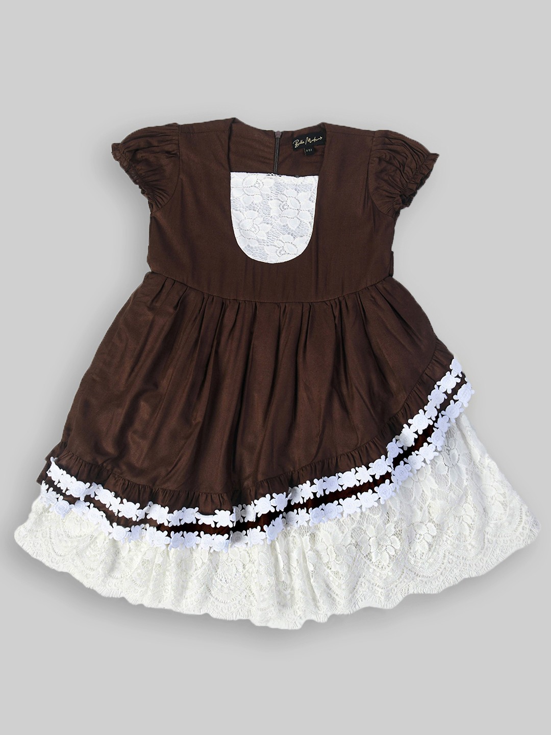 

Bella Moda Girls Colourblocked Square Neck Puff Sleeves Gathered Fit & Flare Dress, Brown