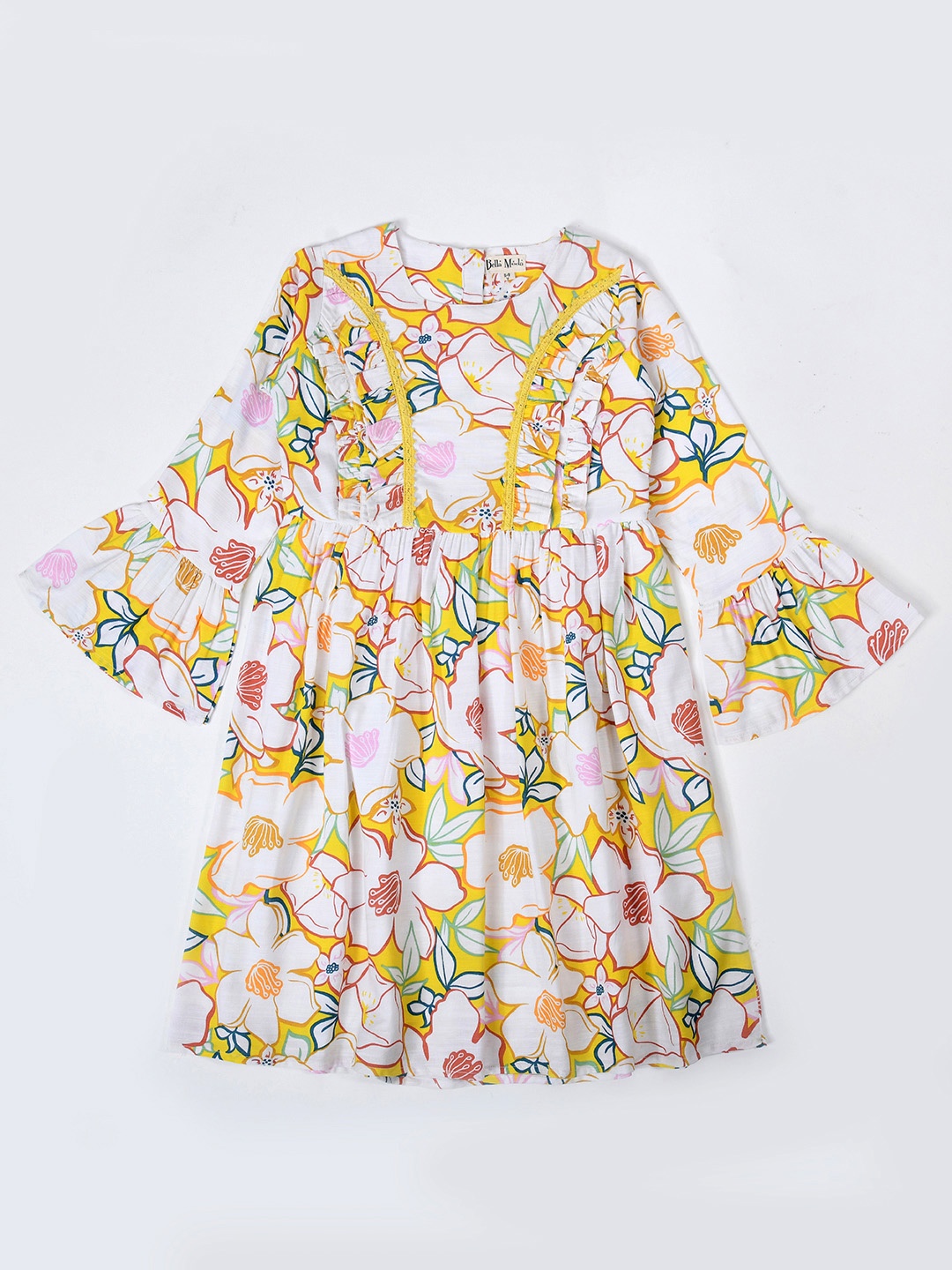 

Bella Moda Girls Floral Print Pure Cotton Bell Sleeve Fit & Flare Dress, White