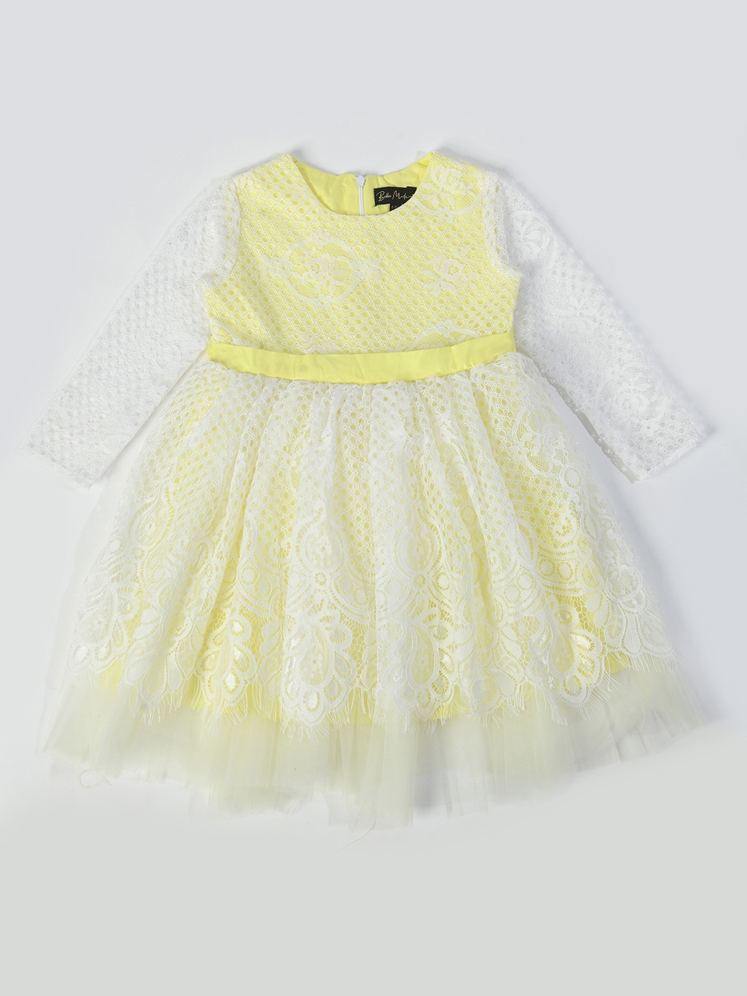 Bella Moda Girls Self Design Satin Fit & Flare Dress, Yellow