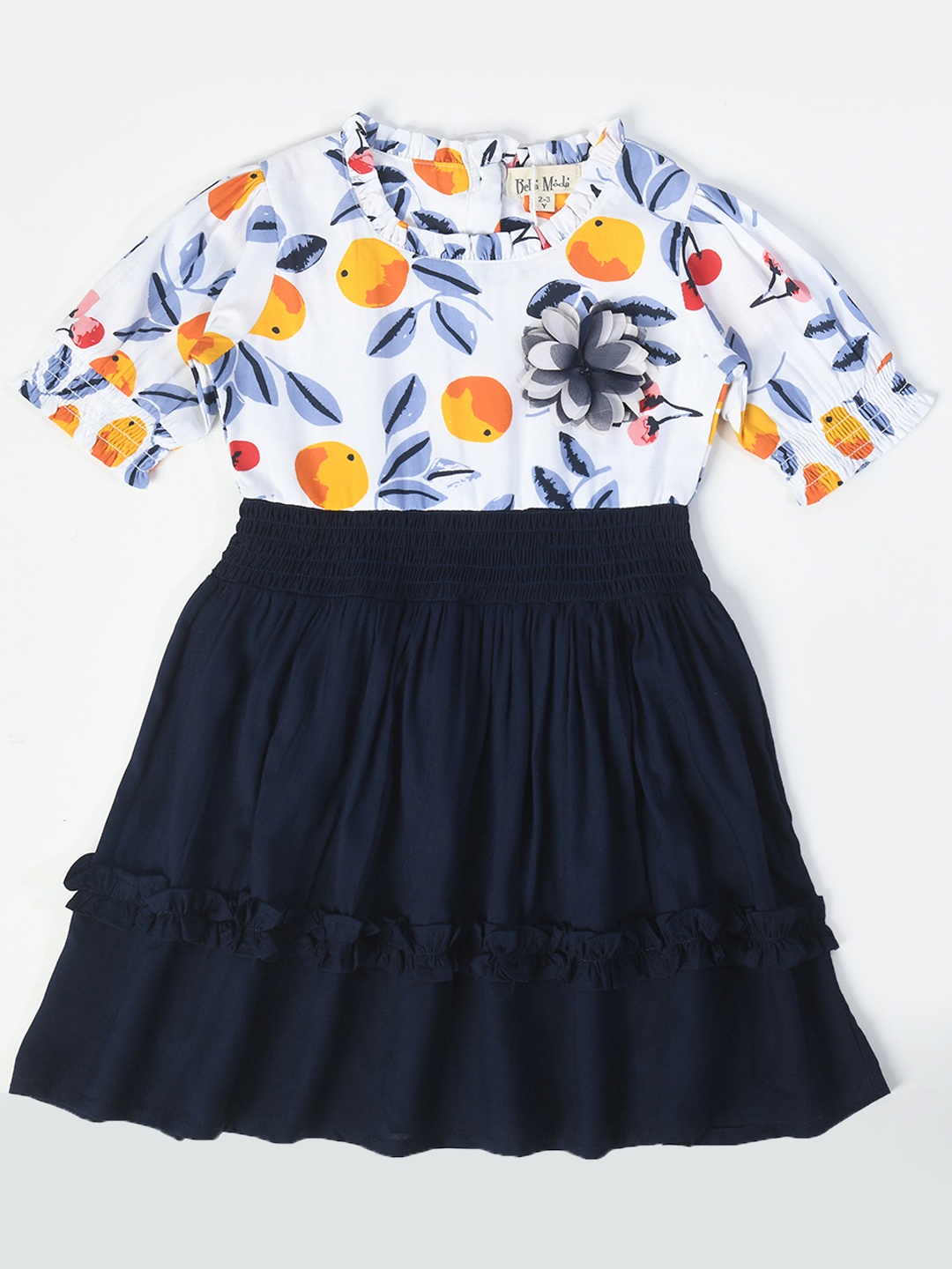 

Bella Moda Girls Print Pure Cotton Puff Sleeve Fit & Flare Dress, Navy blue