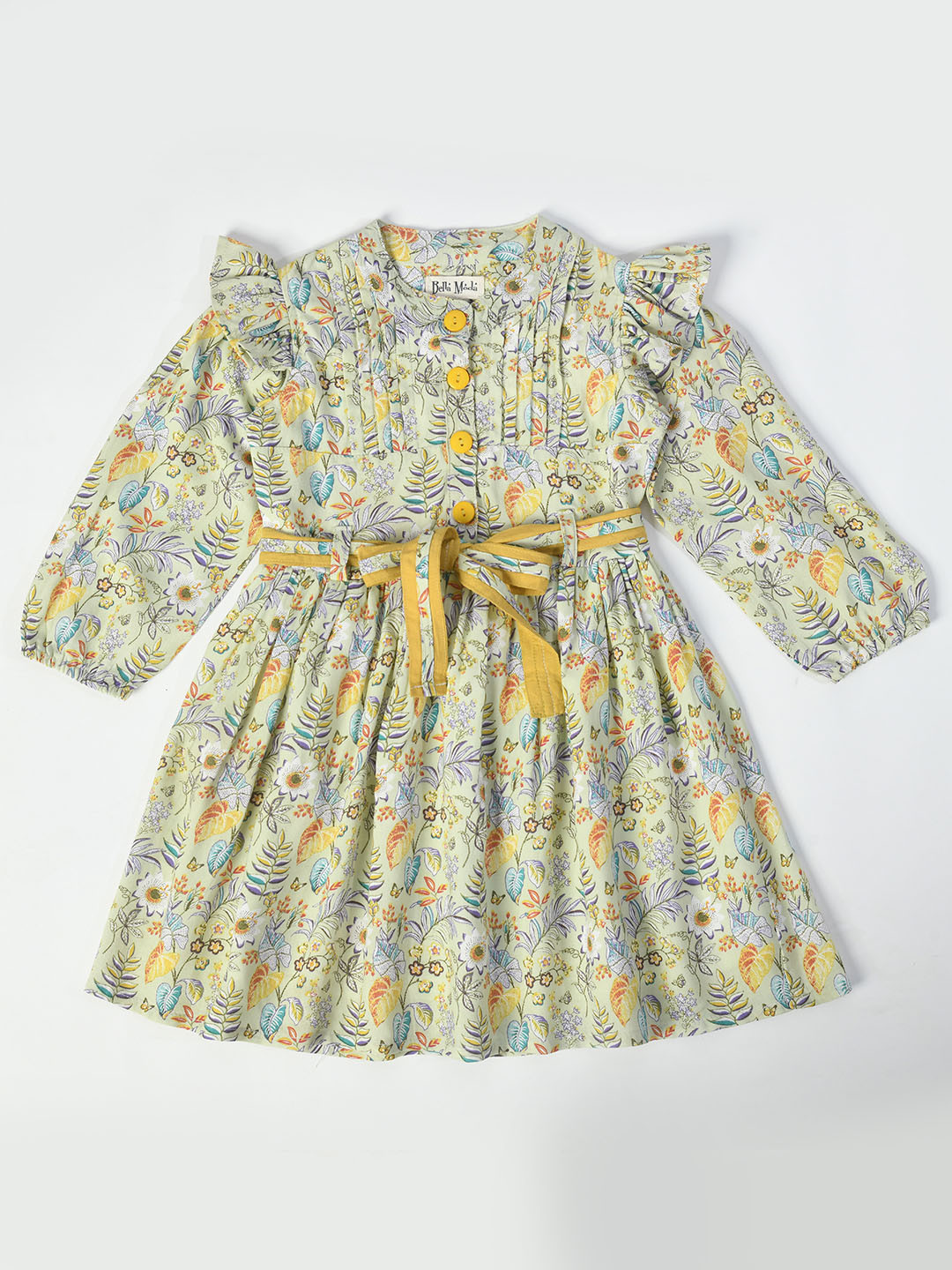 

Bella Moda Girls Floral Printed Mandarin Collar Puff Sleeve Pure Cotton Fit & Flare Dress, Yellow