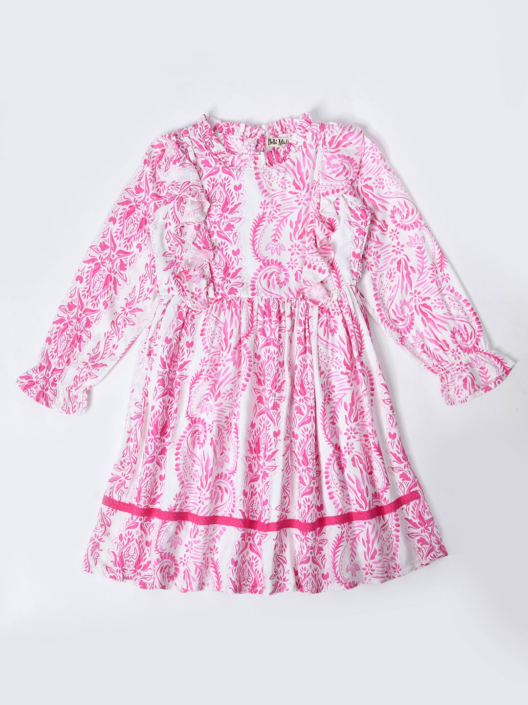 

Bella Moda Girls Floral Printed Bell Sleeves Ruffles Pure Cotton Fit & Flare Dress, Pink