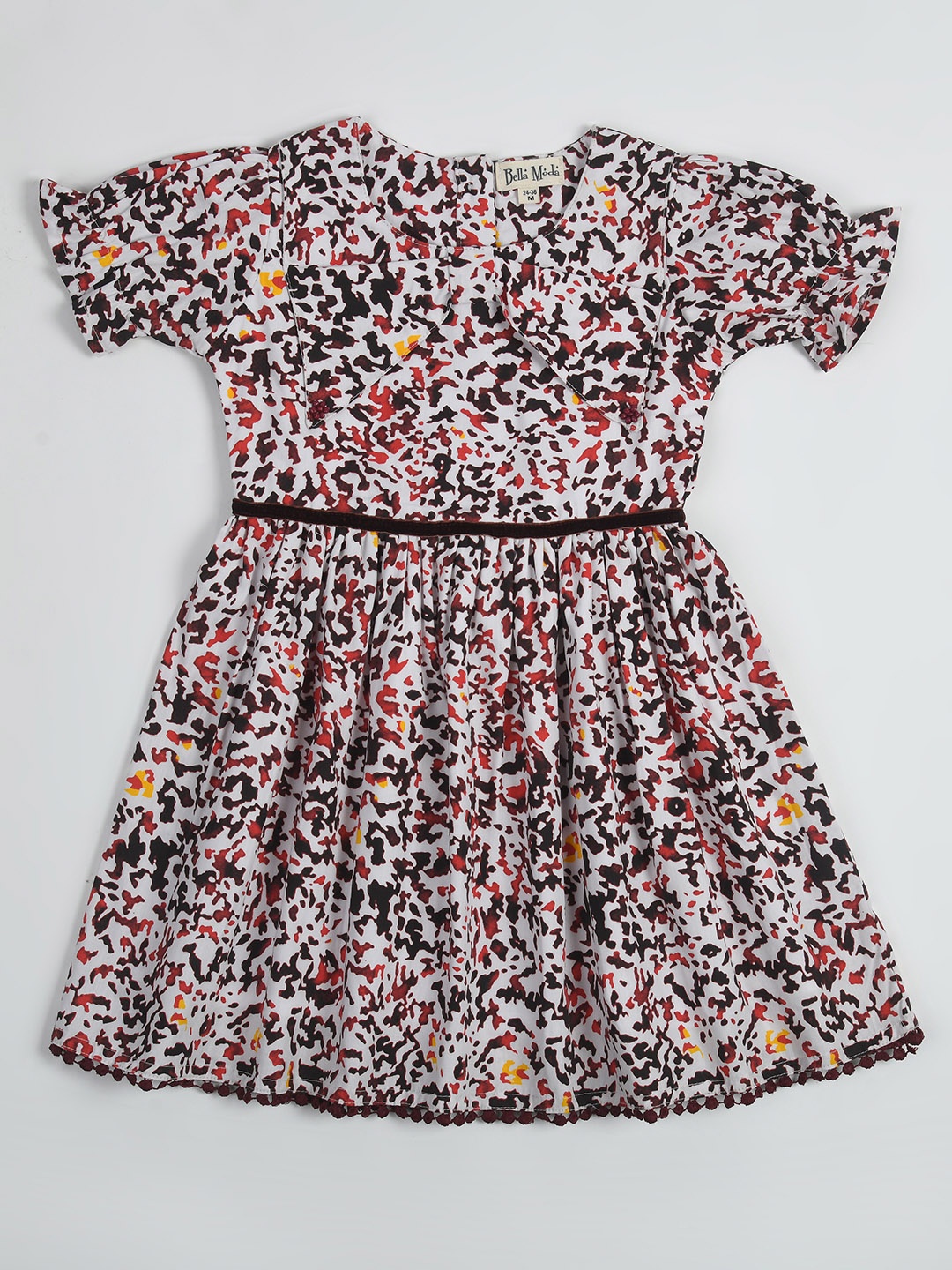 

Bella Moda Girls Abstract Printed Puff Sleeves Gathered Cotton Fit & Flare Dress, White