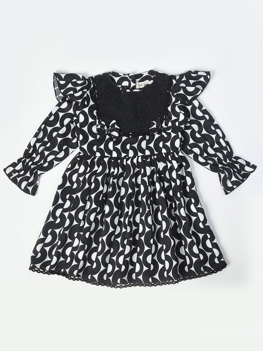 

Bella Moda Girls Geometric Printed Bow Detail Ruffles Cotton Fit & Flare Dress, Black