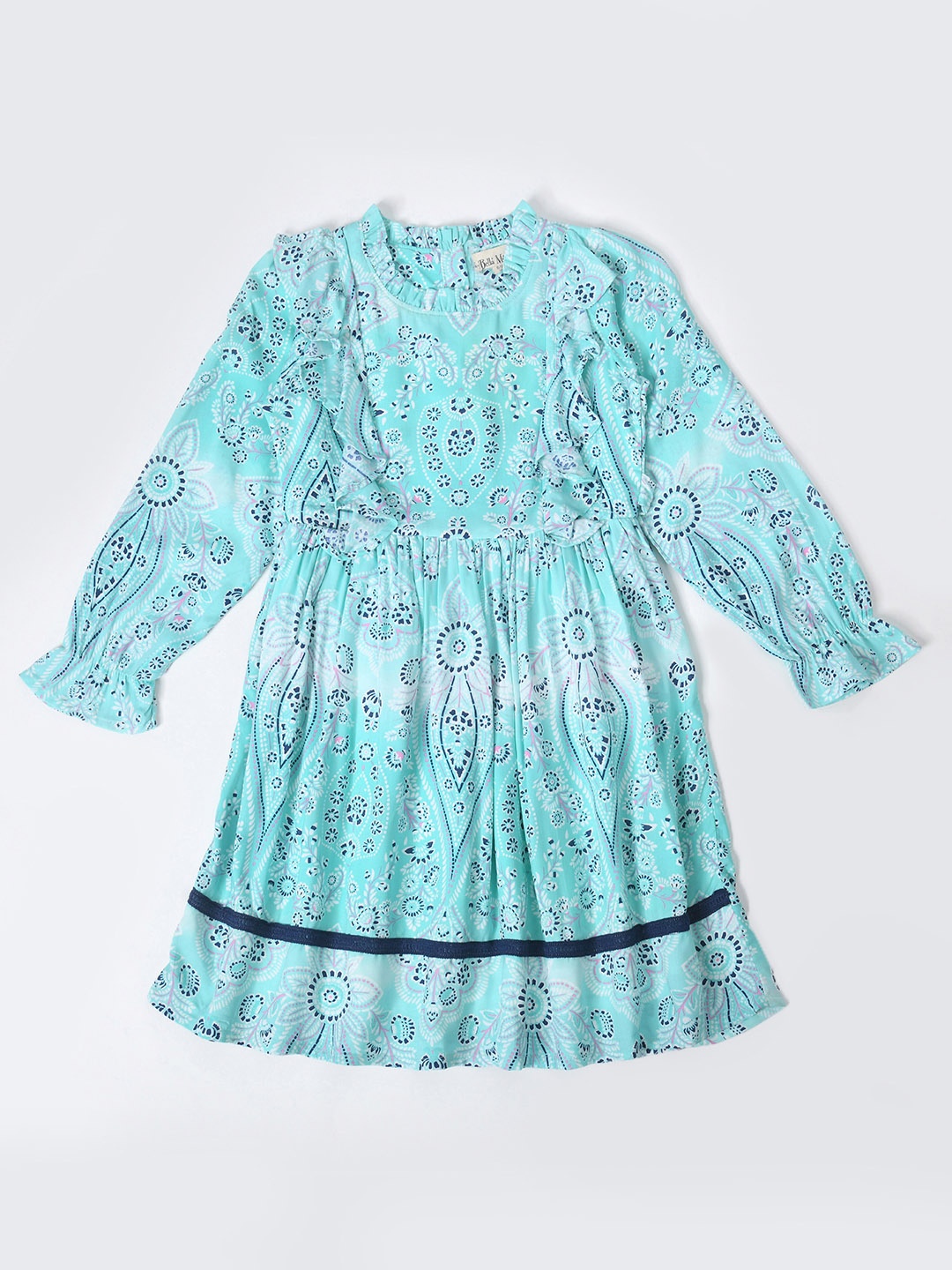 

Bella Moda Girls Floral Printed Gathered Ruffles Cotton Fit & Flare Dress, Blue