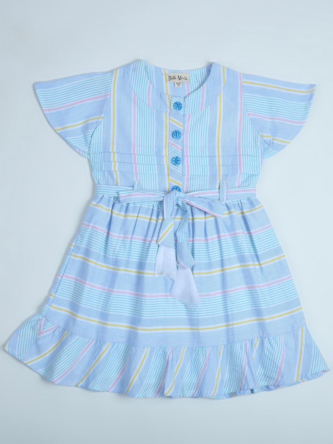 Bella Moda Girls Striped Pure Cotton Flared Sleeve Fit & Flare Dress, Blue