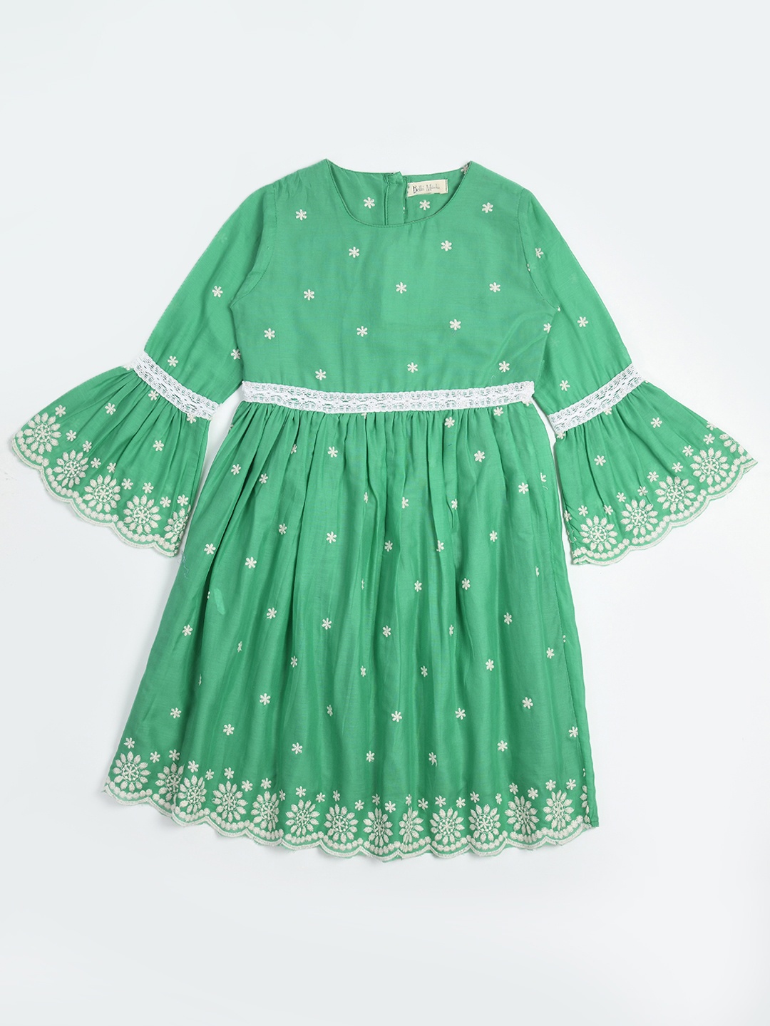 

Bella Moda Girls Floral Embroidered Bell Sleeve Pure Cotton Fit & Flare Dress, Green