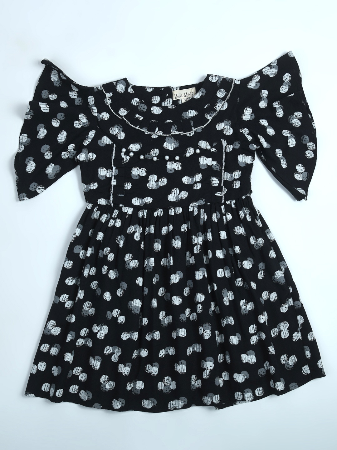 

Bella Moda Girls Abstract Printed Flared Sleeve Pure Cotton Fit & Flare Dress, Black