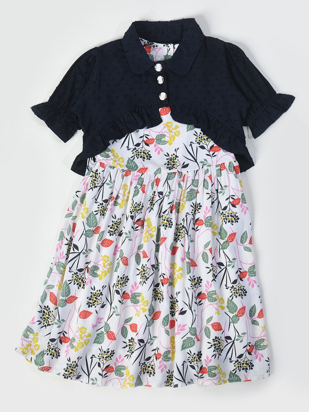 

Bella Moda Girls Floral Printed Puff Sleeves Pure Cotton Fit & Flare Dress, White