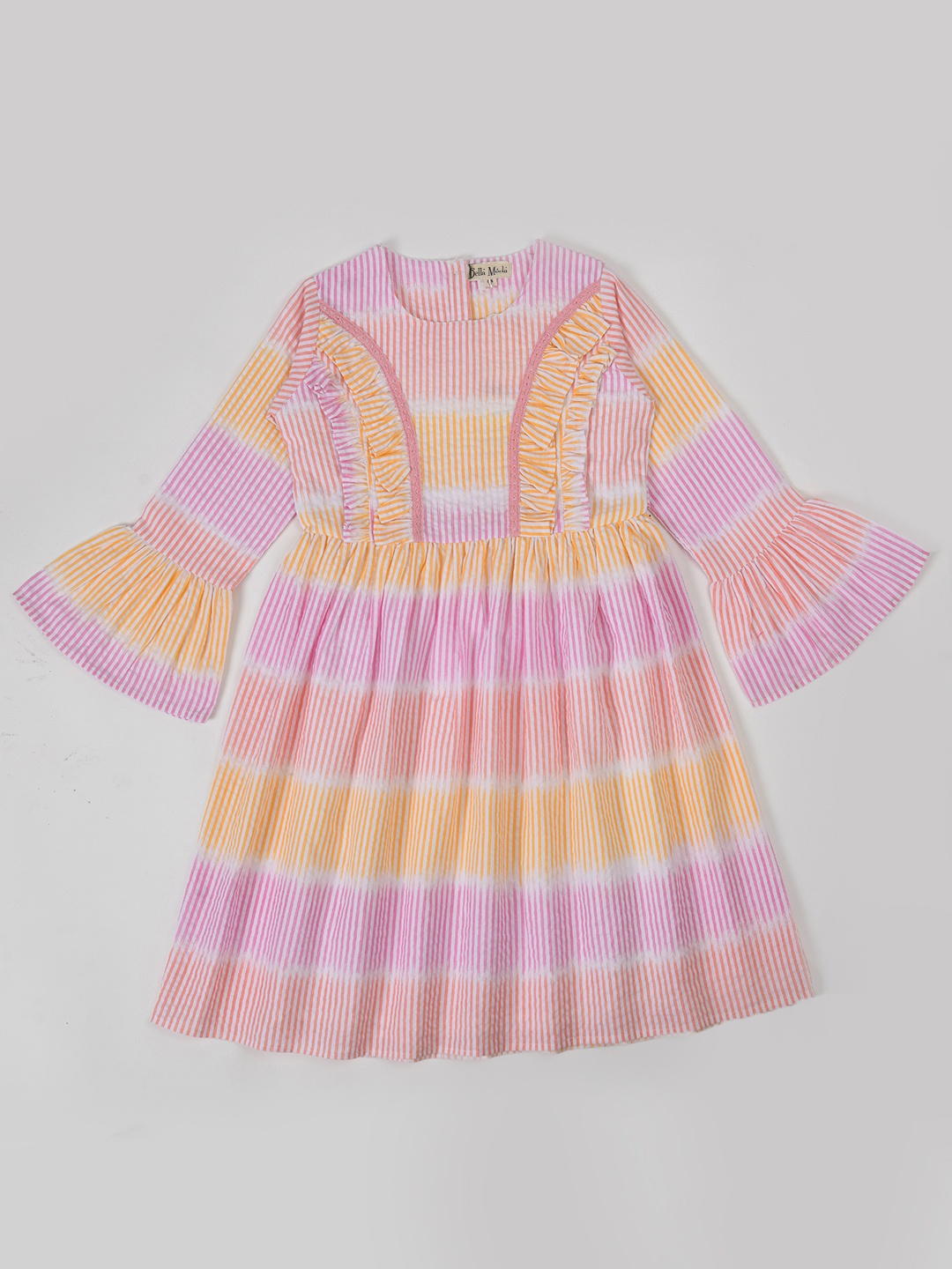 

Bella Moda Girls Striped Bell Sleeves Gathered Ruffles Cotton Fit & Flare Dress, Pink