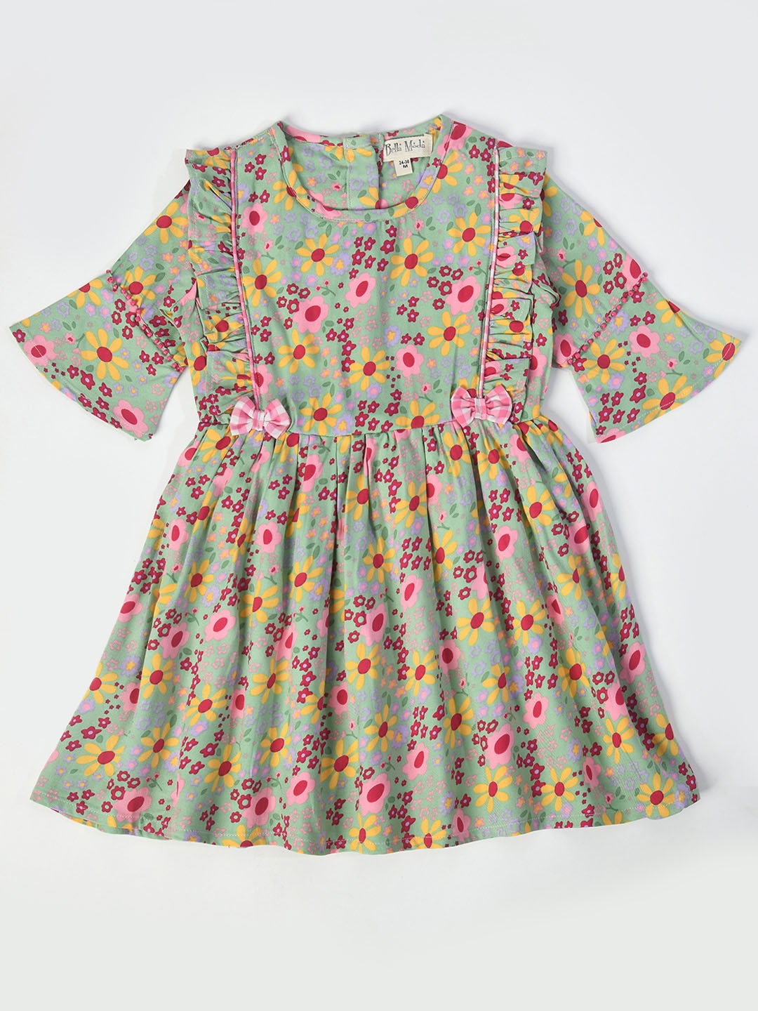 

Bella Moda Girls Floral Printed Bell Sleeves Gathered Ruffles Bow Cotton Fit & Flare Dress, Green
