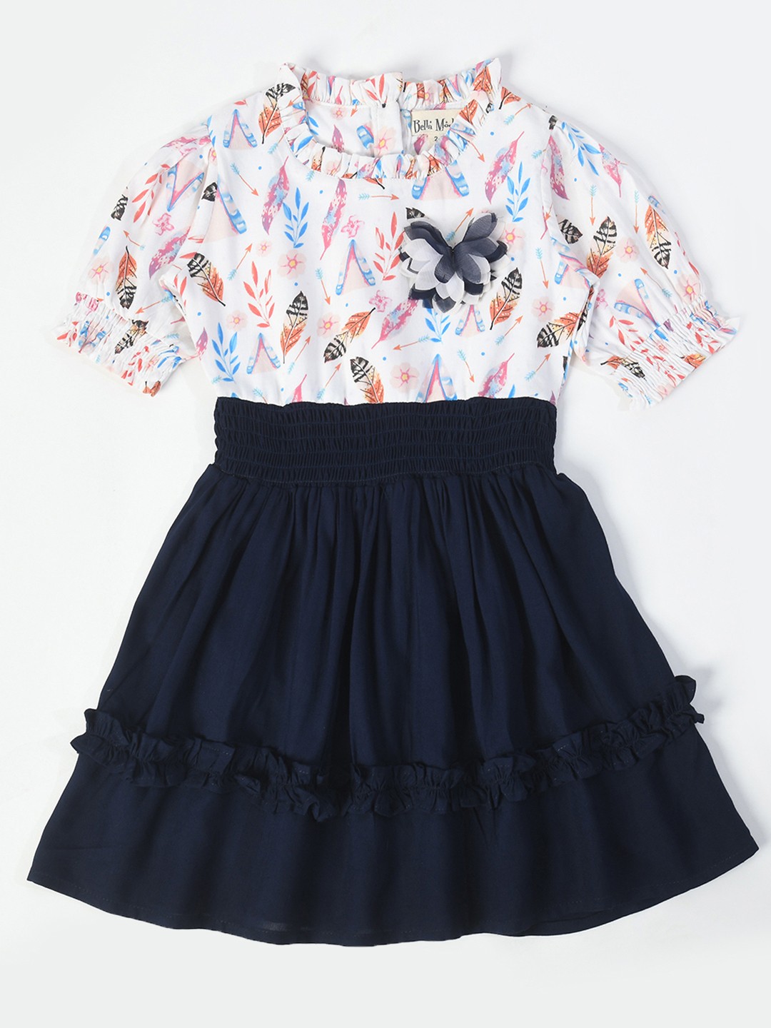 

Bella Moda Girls Floral Printed Puffed Sleeves Pure Cotton Tiered Fit & Flare Dress, White