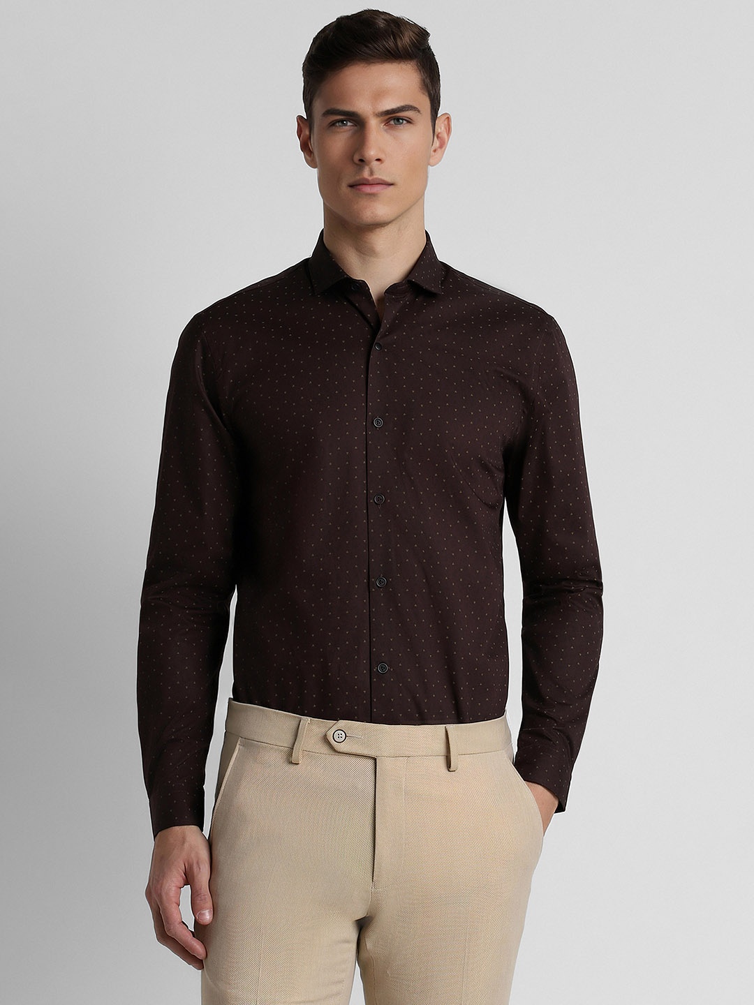 

Peter England Slim Fit Micro Ditsy Printed Spread Collar Long Sleeves Formal Shirt, Brown
