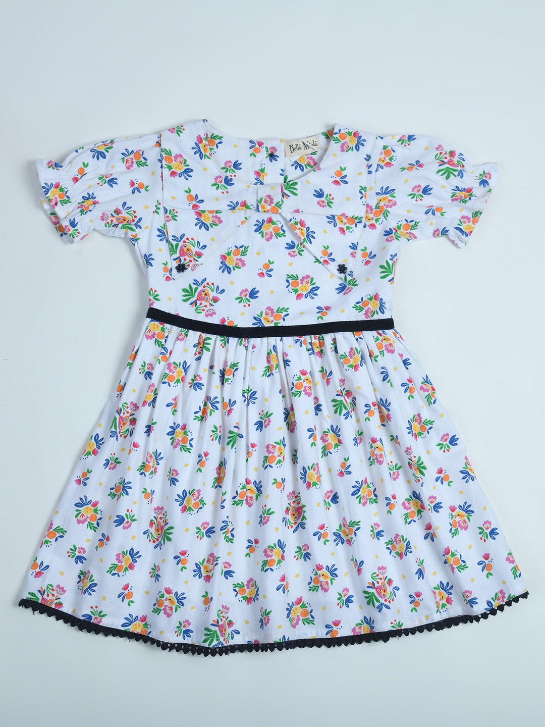 

Bella Moda Girls Floral Print Pure Cotton Peter Pan Collar Puff Sleeve A-Line Dress, White