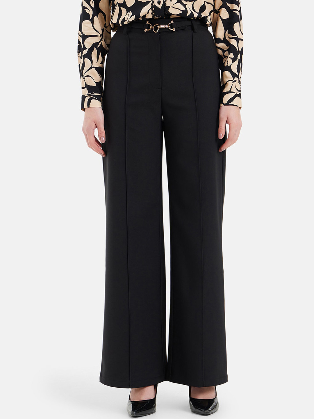 

Kazo Women Straight Fit High-Rise Easy Wash Parallel Trousers, Black