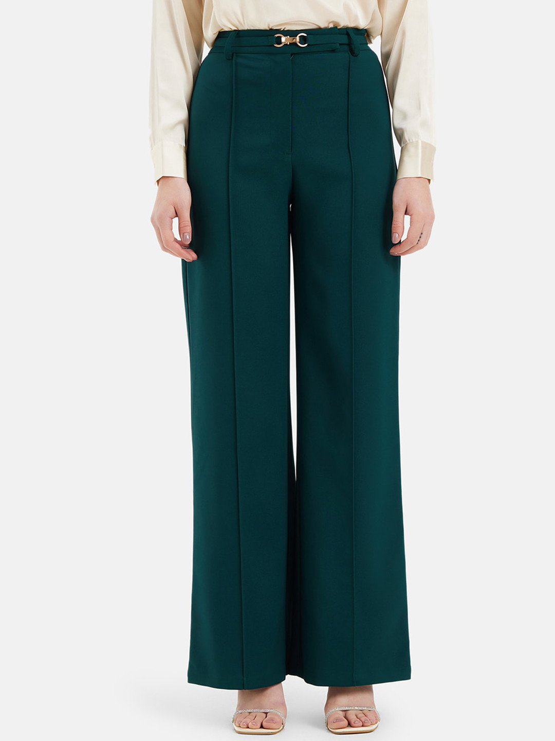 

Kazo Women Straight Fit High-Rise Easy Wash Pleated Parallel Trousers, Green