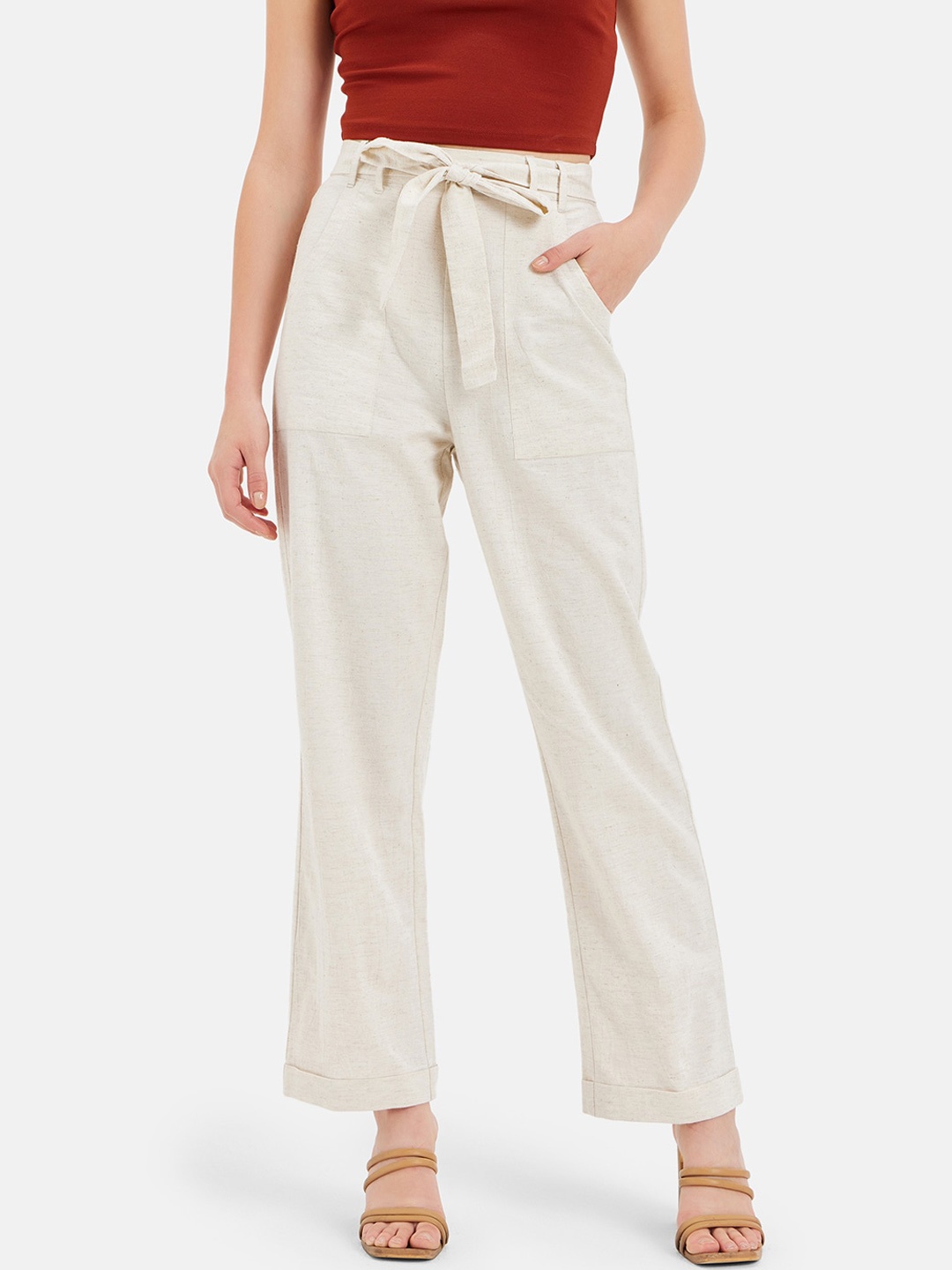 

Kazo Women Straight Fit High-Rise Easy Wash Trousers, Beige